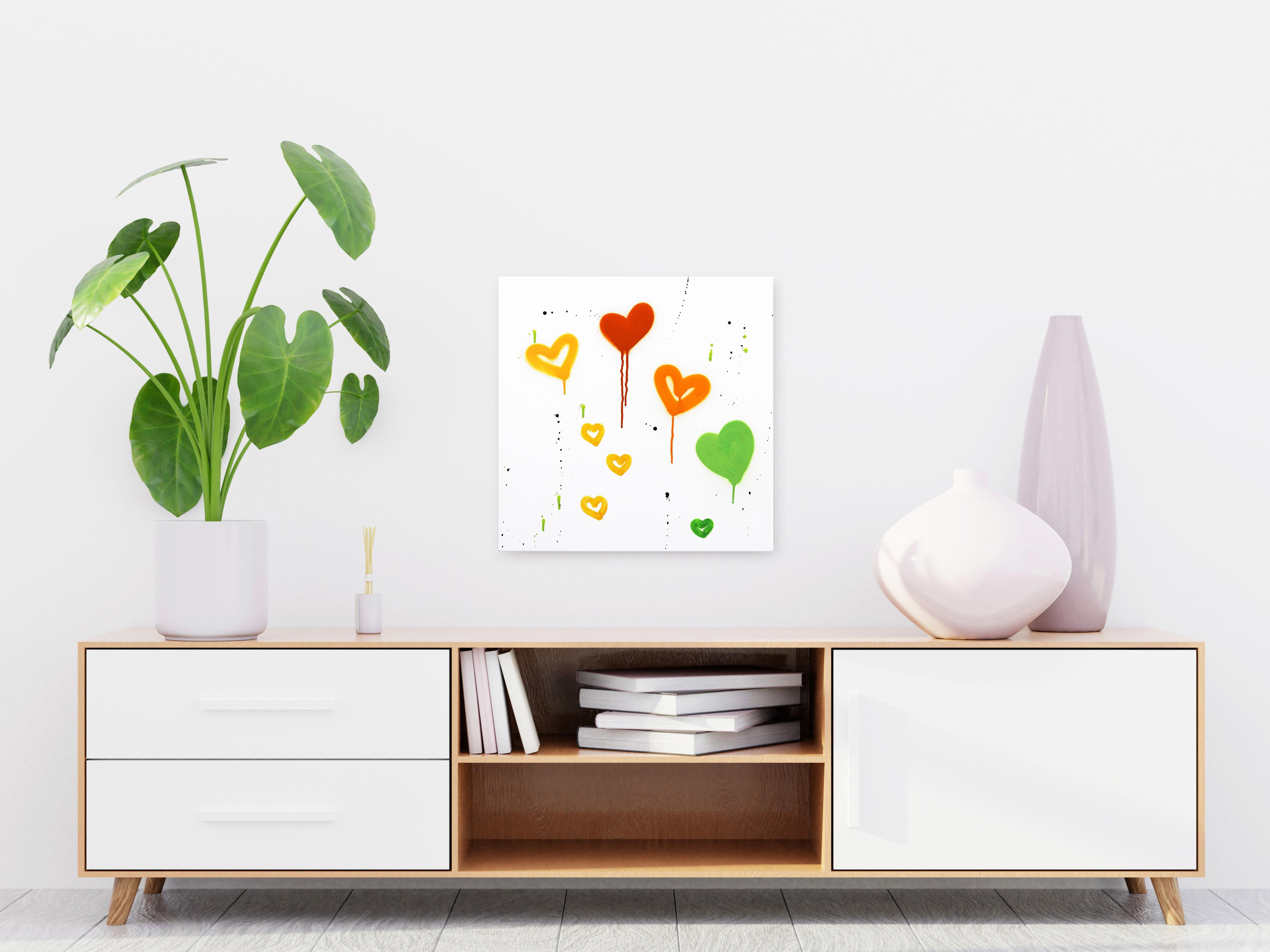 Soucis - Coeurs colorés Peinture originale contemporaine minimaliste sur l'amour - Painting de Amber Goldhammer
