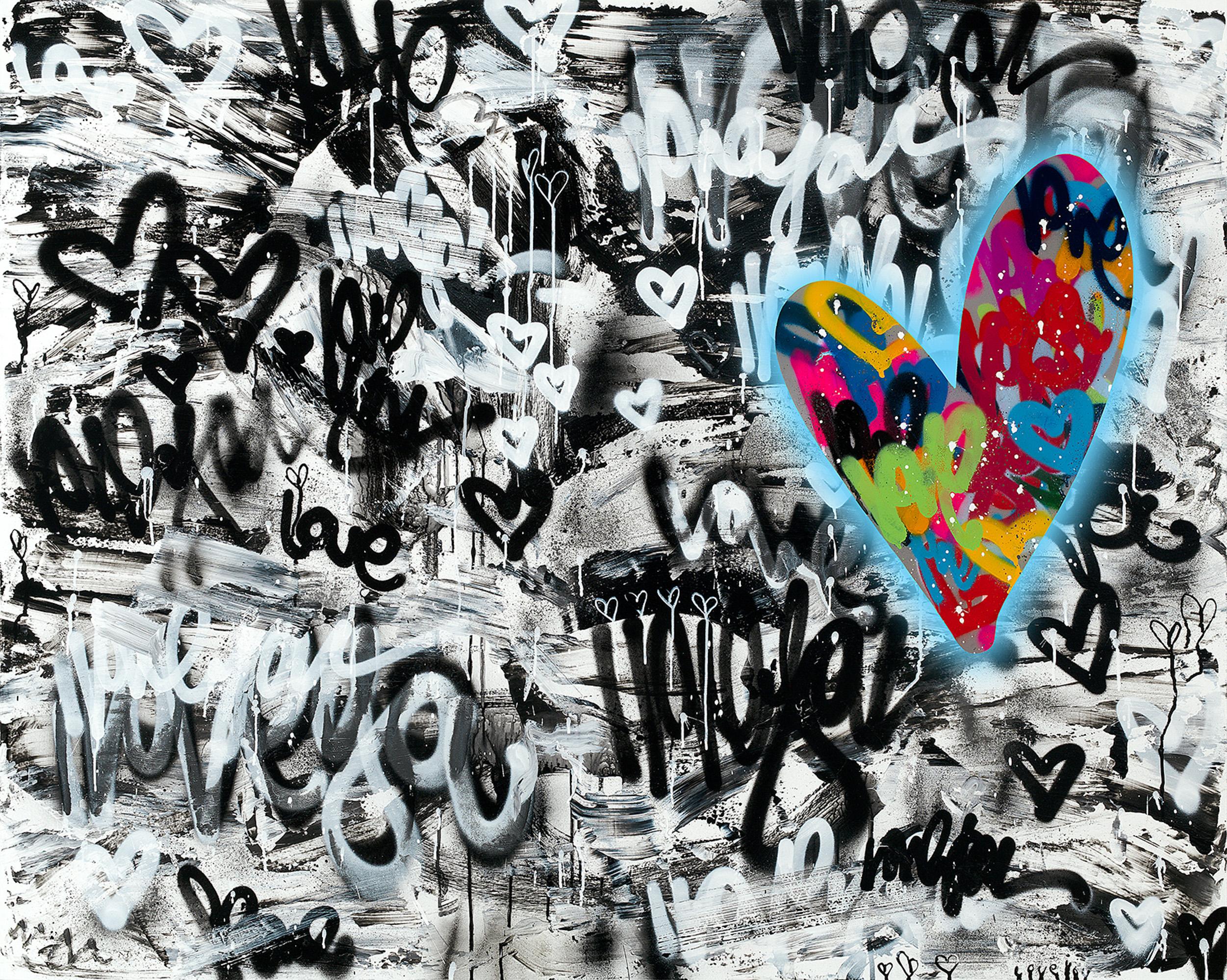 Amber Goldhammer Abstract Painting - "My Heart Will Always Radiate Love" Colorful Graffiti Style Painting with LEDs