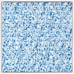 Abstraktes blau-weißes Gemälde im Graffiti-Stil „Meine Liebe ist hell“