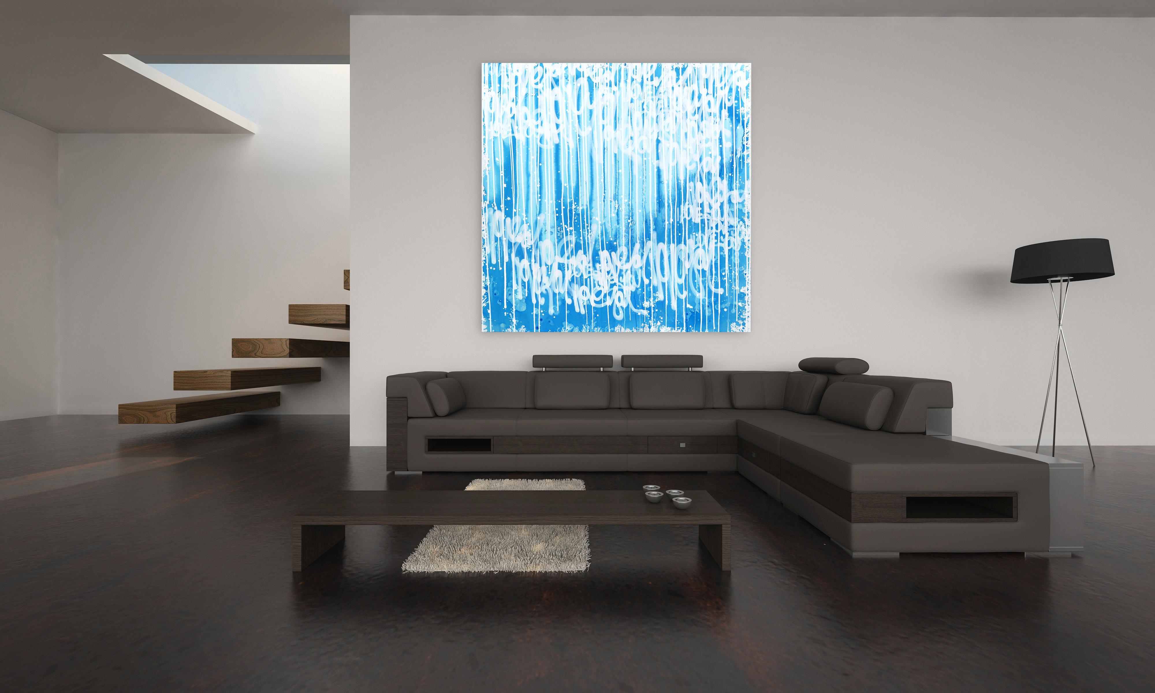 Paradise Cove - Bleu apaisant - Grande peinture originale superposée sur toile en vente 3