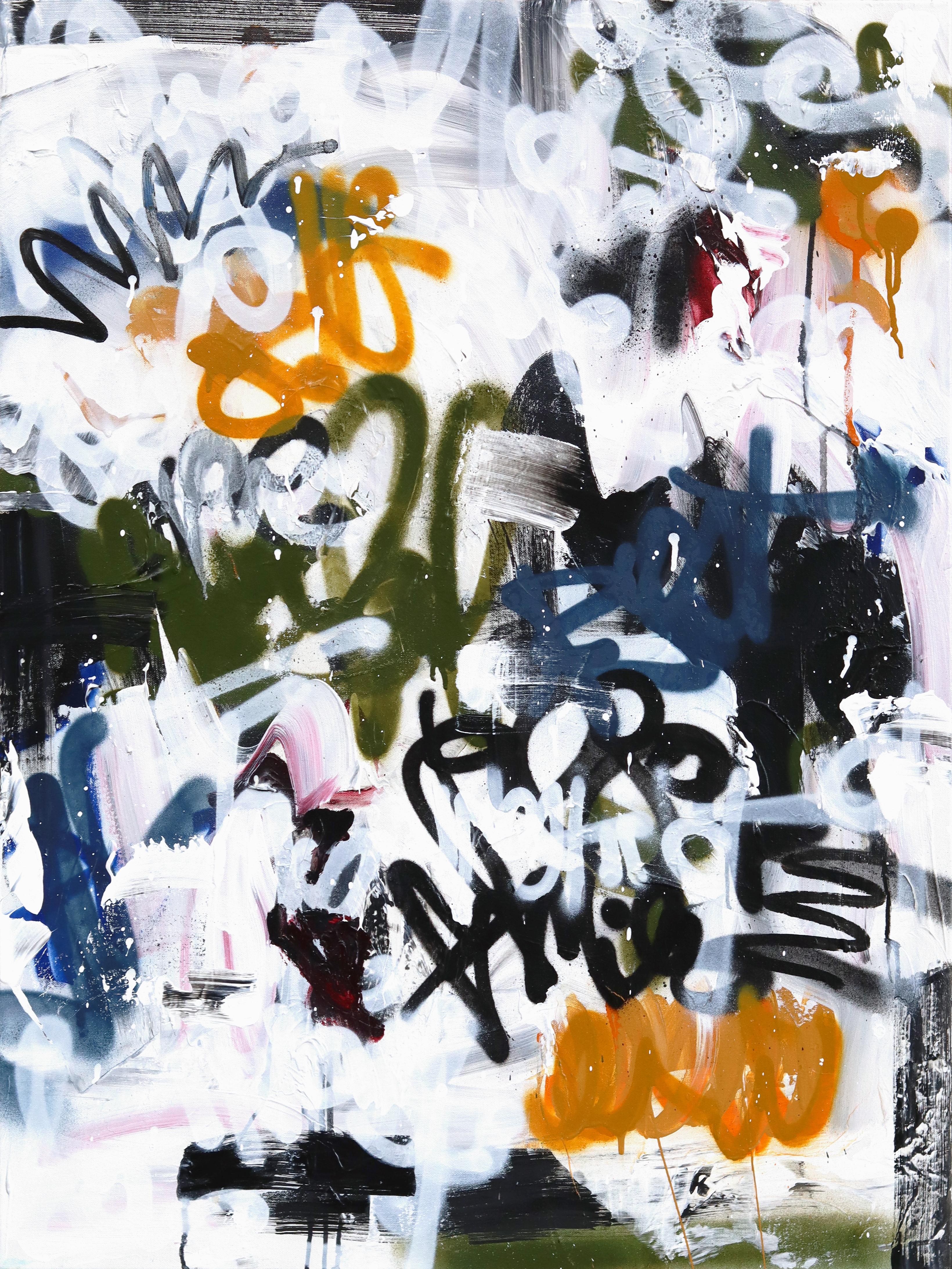 Frieden im Chaos – Abstrakte, strukturierte Mixed-Media-Kunst auf Leinwand, inspiriert von Graffiti