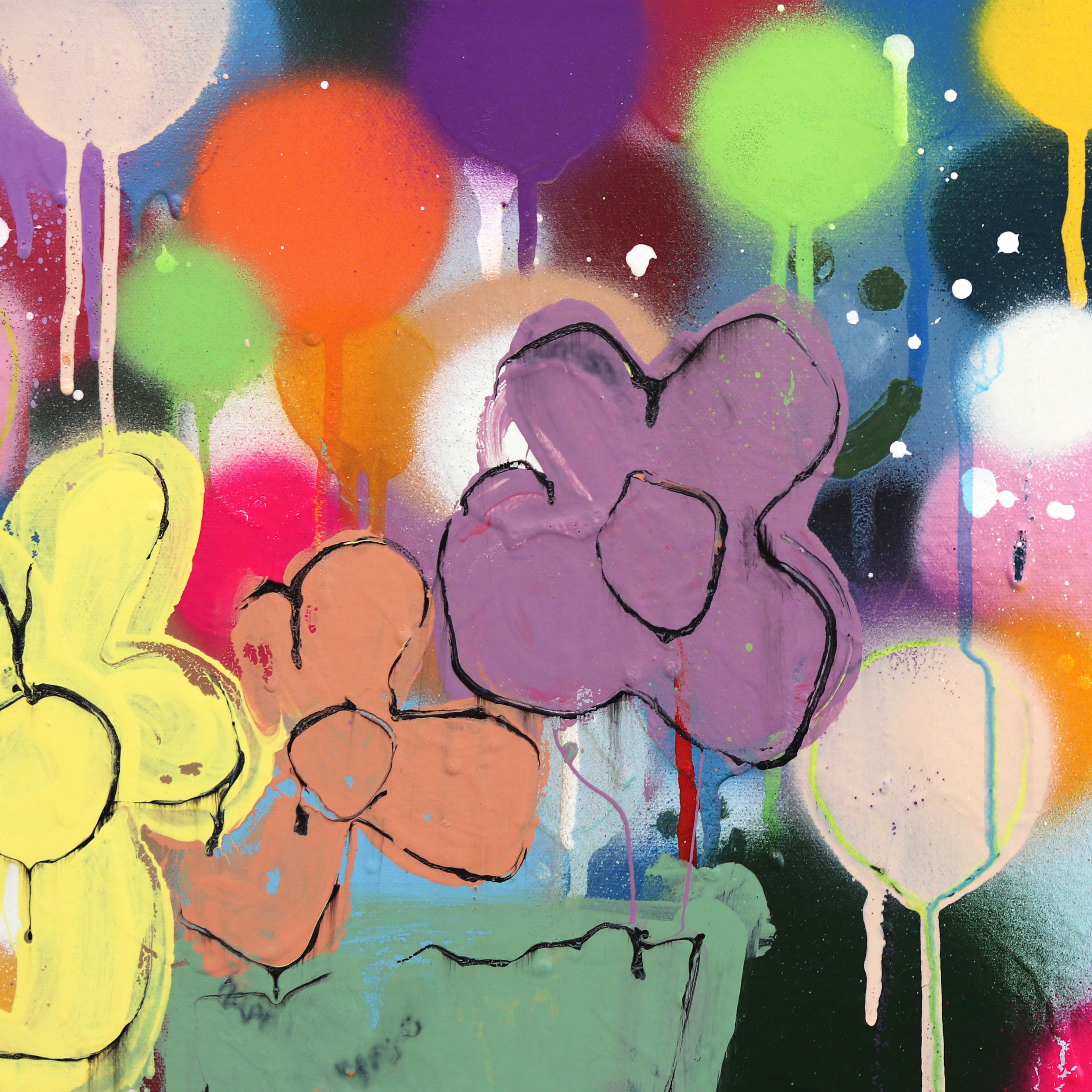 Lluvia de amapolas - Pintura floral original en aerosol sobre lienzo, llena de colorido en venta 2
