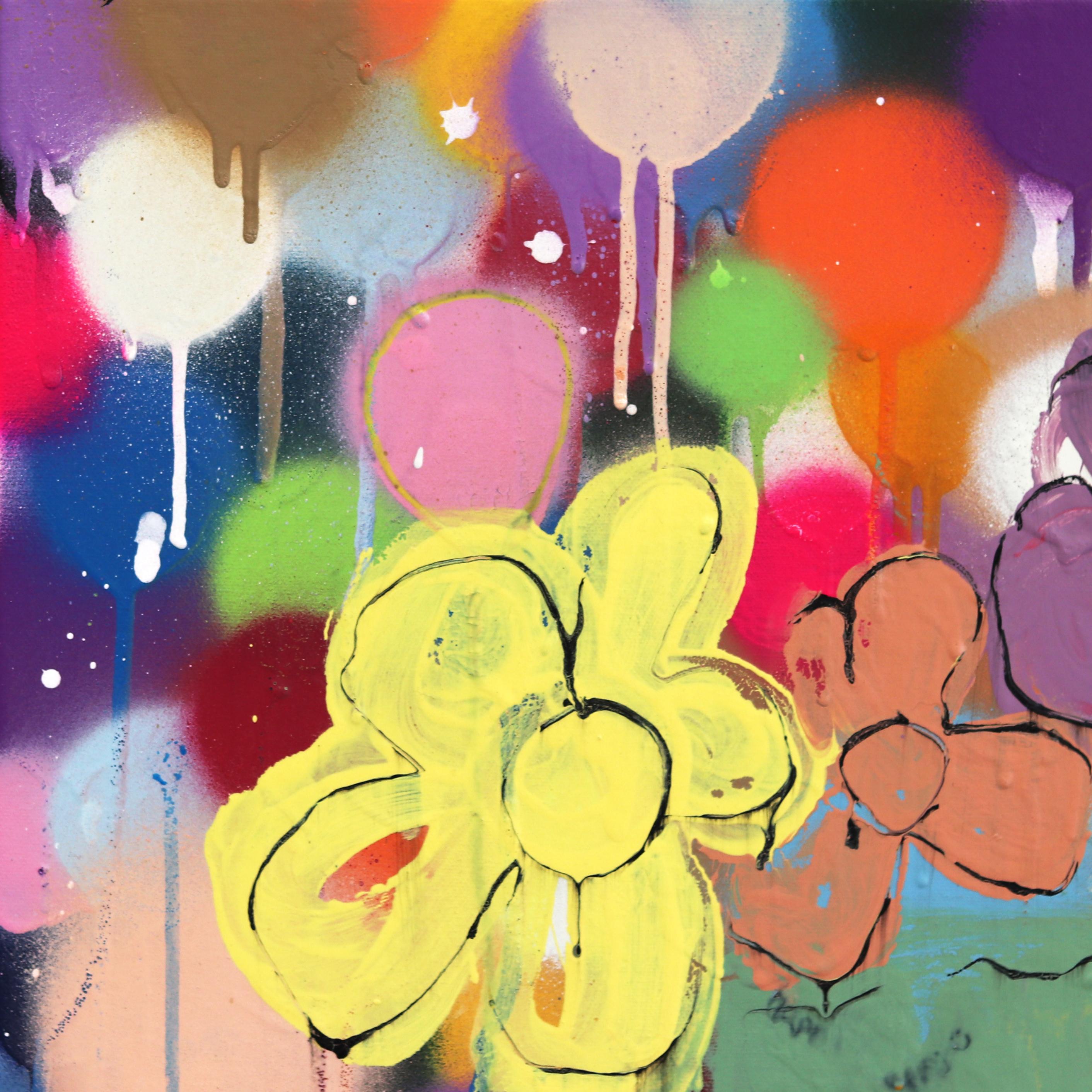 Lluvia de amapolas - Pintura floral original en aerosol sobre lienzo, llena de colorido en venta 3