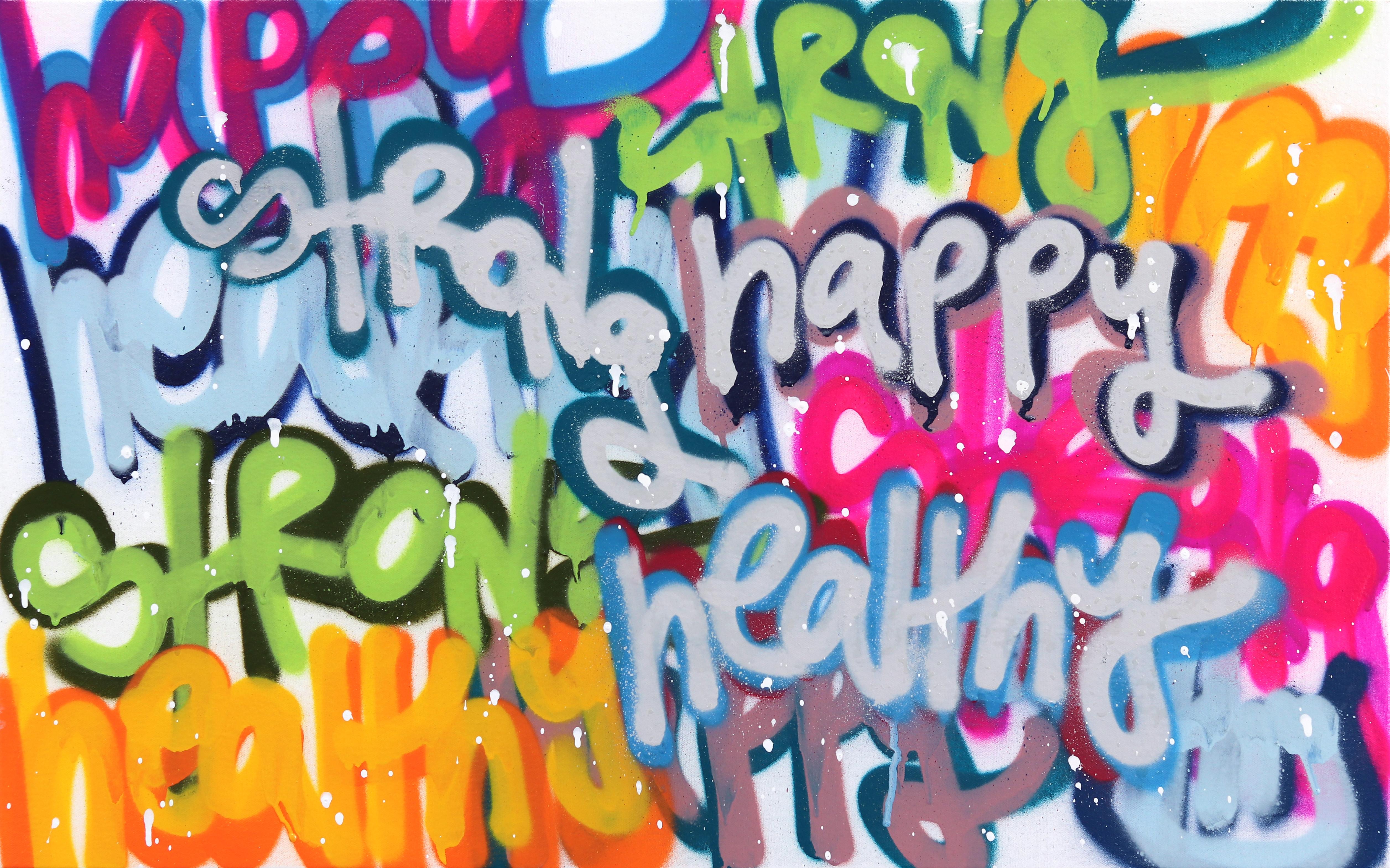 Strong, Happy, Healthy – Originales farbenfrohes Urban Love Pop Street Art-Gemälde – Mixed Media Art von Amber Goldhammer