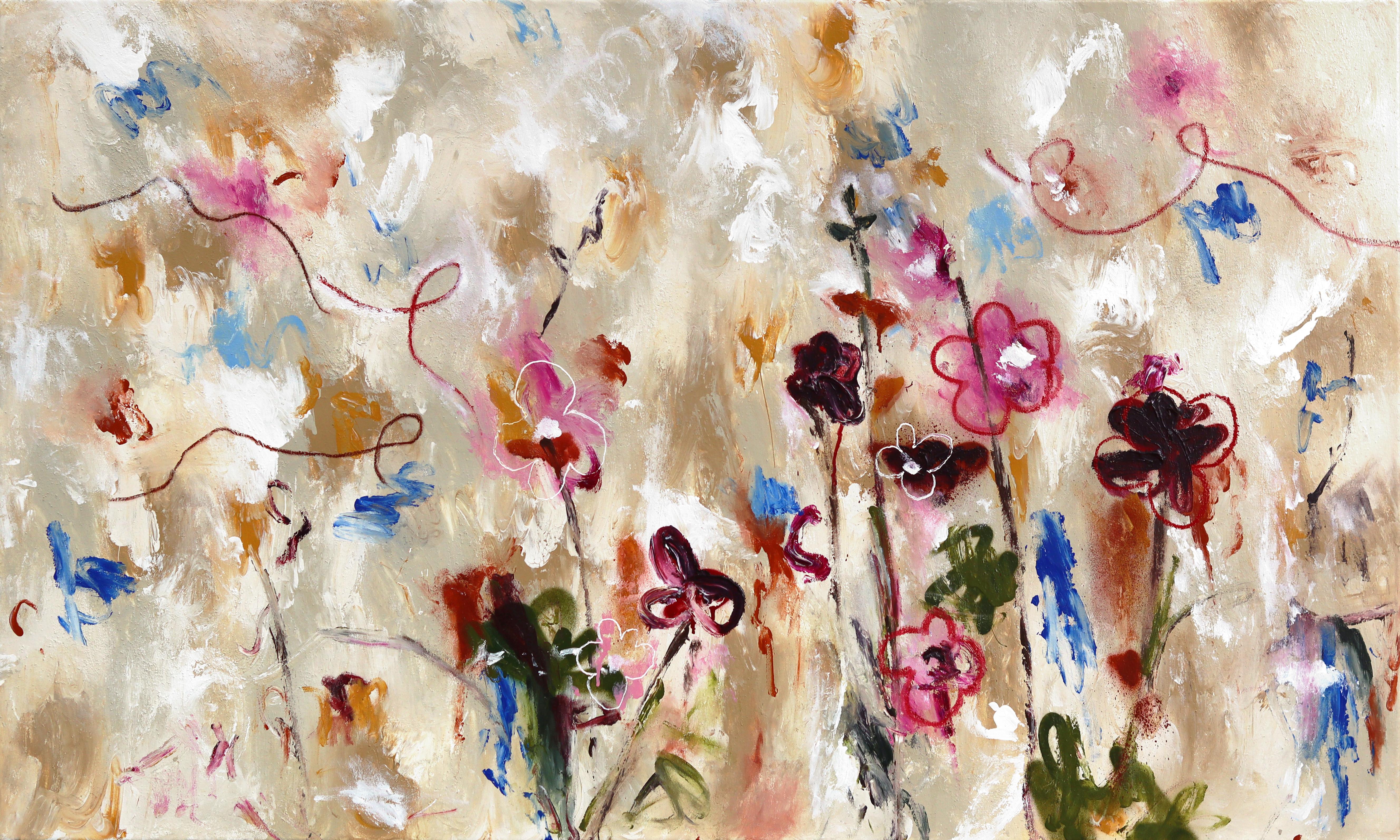 Summertime Smell Goods - Large Textured Airy Neutral Abstract Floral Painting