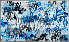"Tell Me Everyday" Contemporary Blues Mixed Media on Canvas Framed Painting (peinture encadrée)