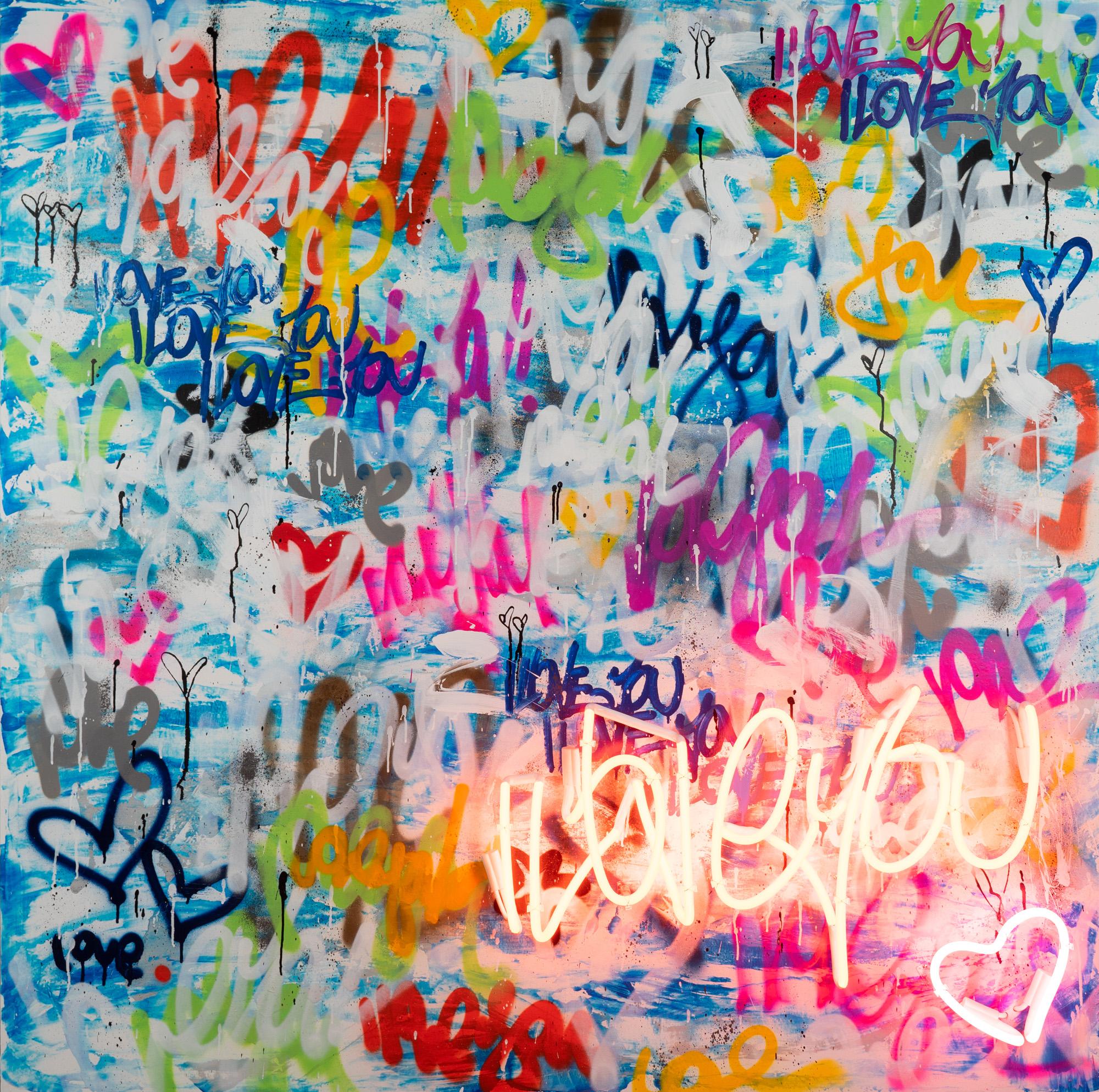 "The Love Parade Marches On" Mixed Media with Real Neon Painting on Wood