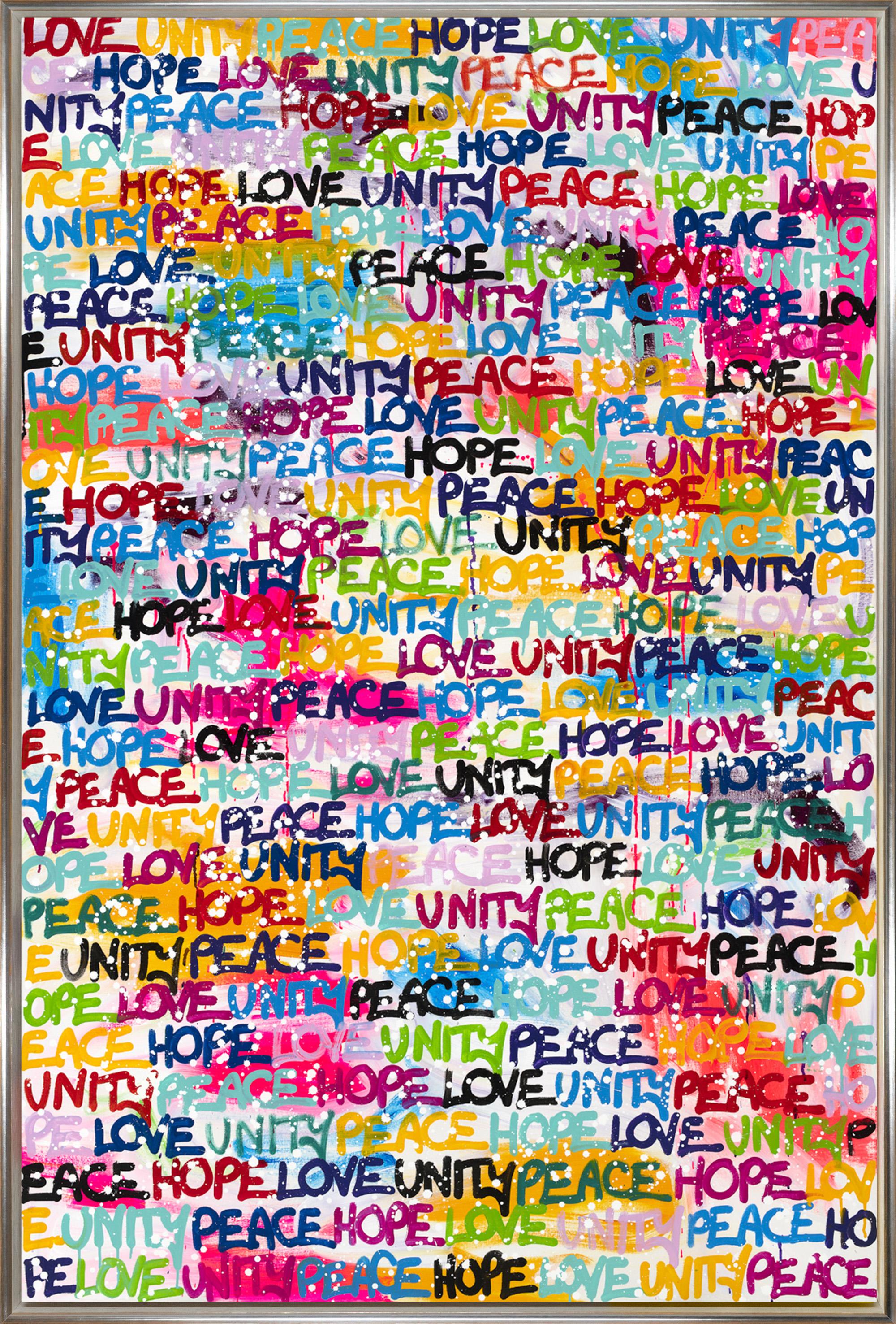 Amber Goldhammer Abstract Painting - "The World's Mantra" Colorful Graffiti Inspired Abstract: Hope Unity Peace Love