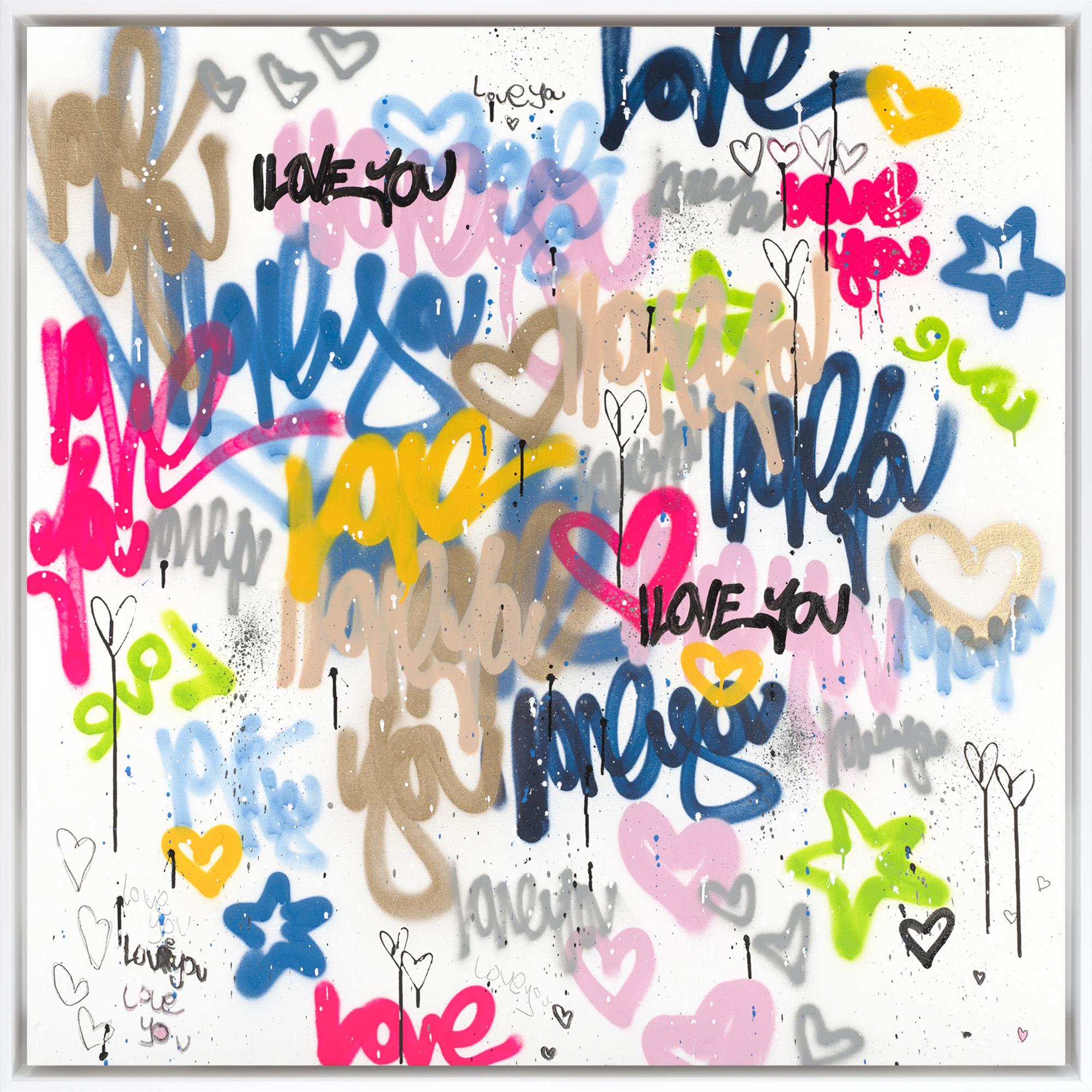 Amber Goldhammer Abstract Painting - "Warm and Fuzzy Love" Abstract Colorful Graffiti Style Painting