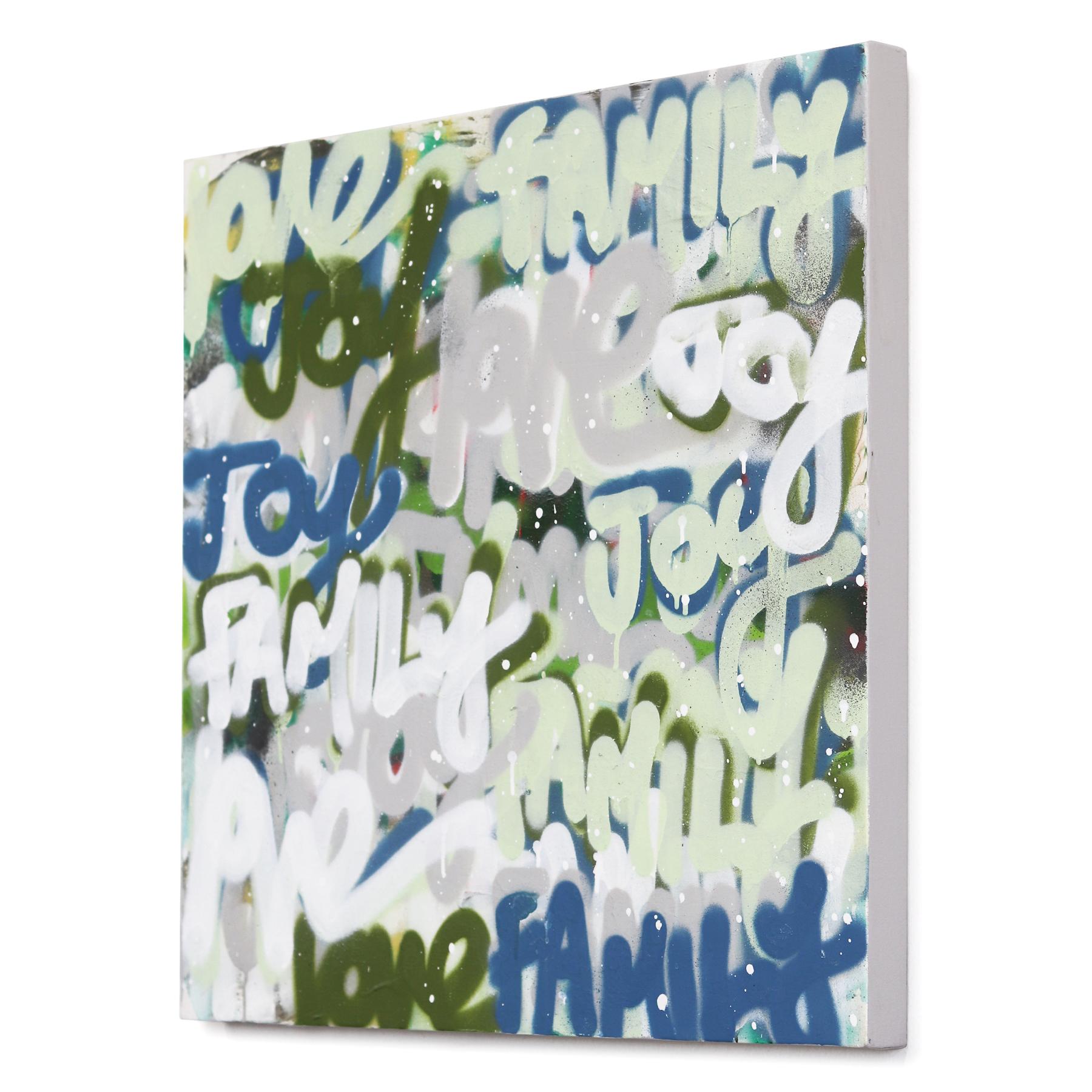 We Stick Together - Original Blue Gray Green Family Love Joy Graffiti on Canvas - Street Art Painting by Amber Goldhammer