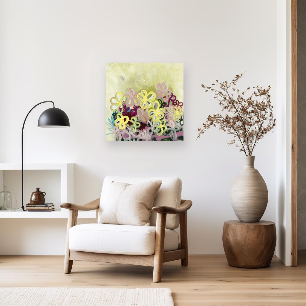 A Lovely Bunch- Abstrakt Fröhlich Bunt Floral Graffiti Gemischte Medien Pop Kunstwerk – Painting von Amber Goldhammer