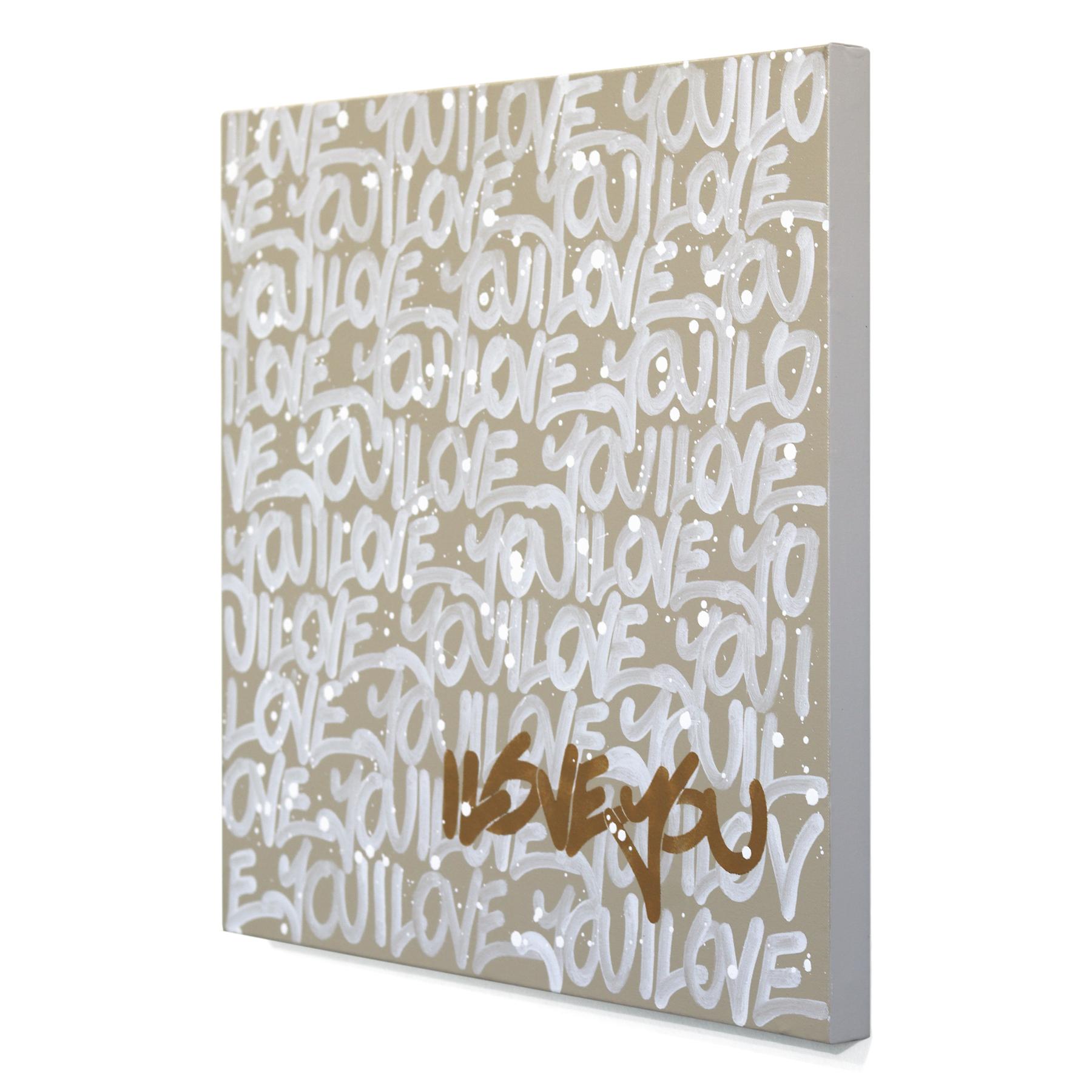 Calm Mood #2 - Abstraktes 'I LOVE YOU' Graffiti-Mischtechnik-Gemälde auf Leinwand (Grau), Abstract Painting, von Amber Goldhammer