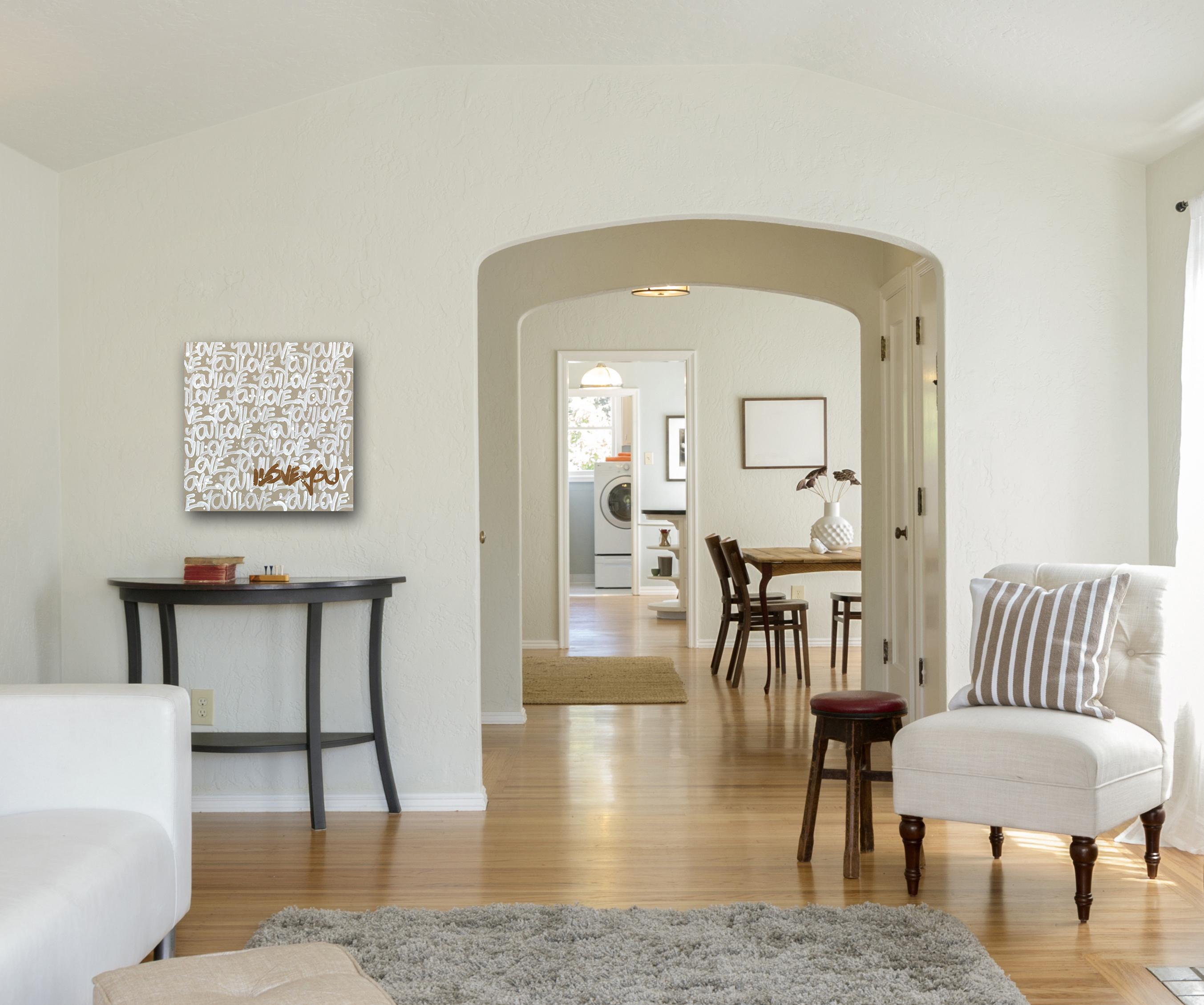 Calm Mood #2 - Abstraktes 'I LOVE YOU' Graffiti-Mischtechnik-Gemälde auf Leinwand im Angebot 1