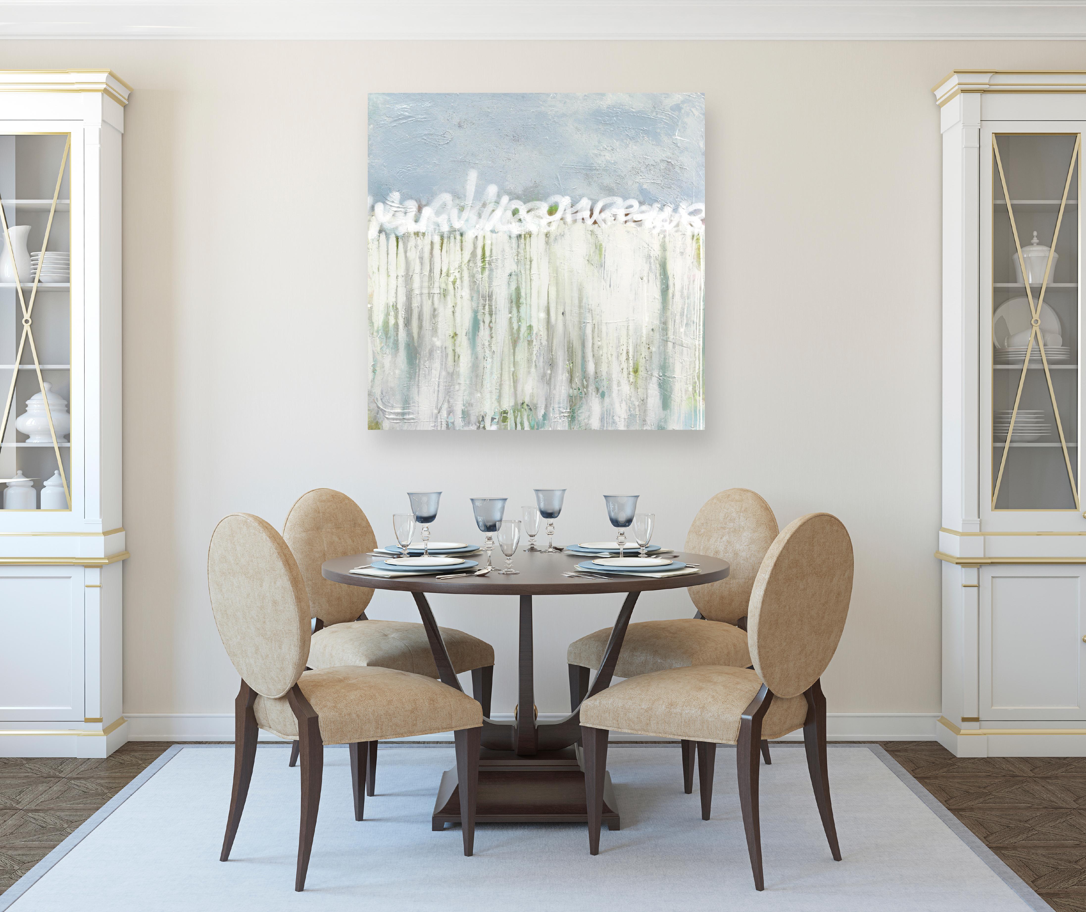 Eaux calmes - Abstrait doux, tonalités froides, peinture texturale Graffiti Mixed Media Art en vente 1