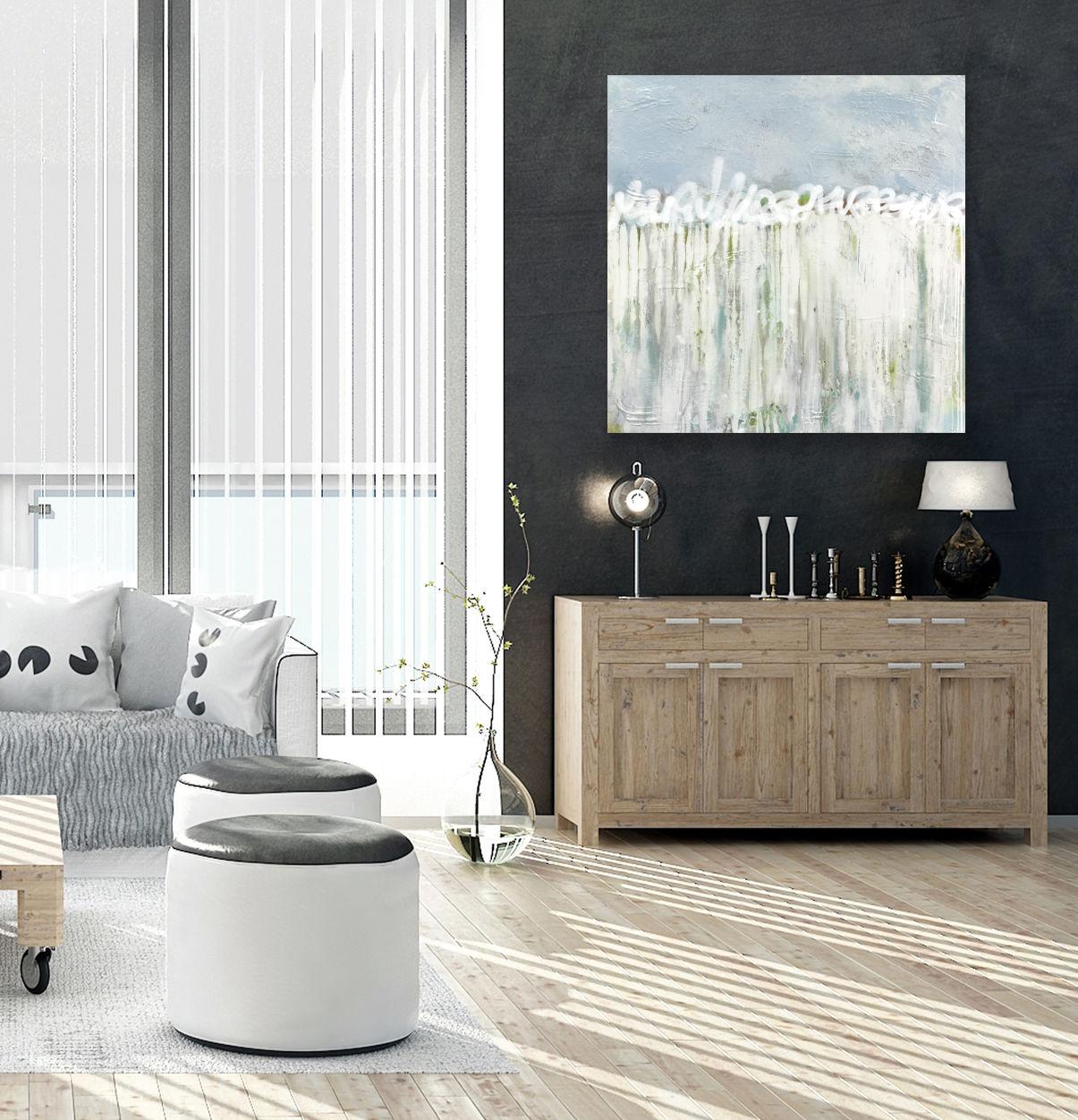 Eaux calmes - Abstrait doux, tonalités froides, peinture texturale Graffiti Mixed Media Art en vente 5