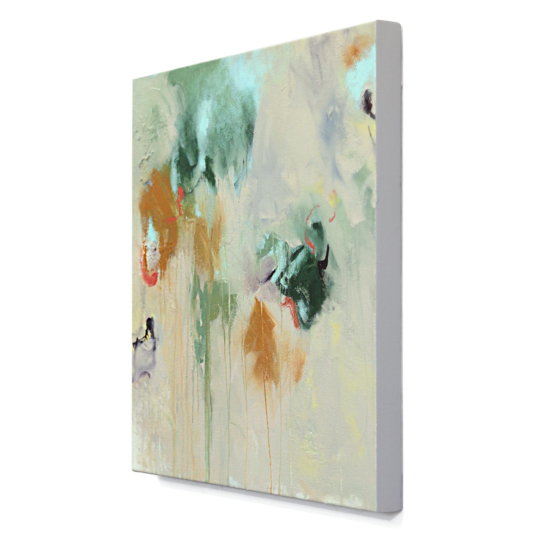 Castaway - Abstrait ludique de la terre Textural Paint Splat Mixed Media Artwork - Beige Abstract Painting par Amber Goldhammer
