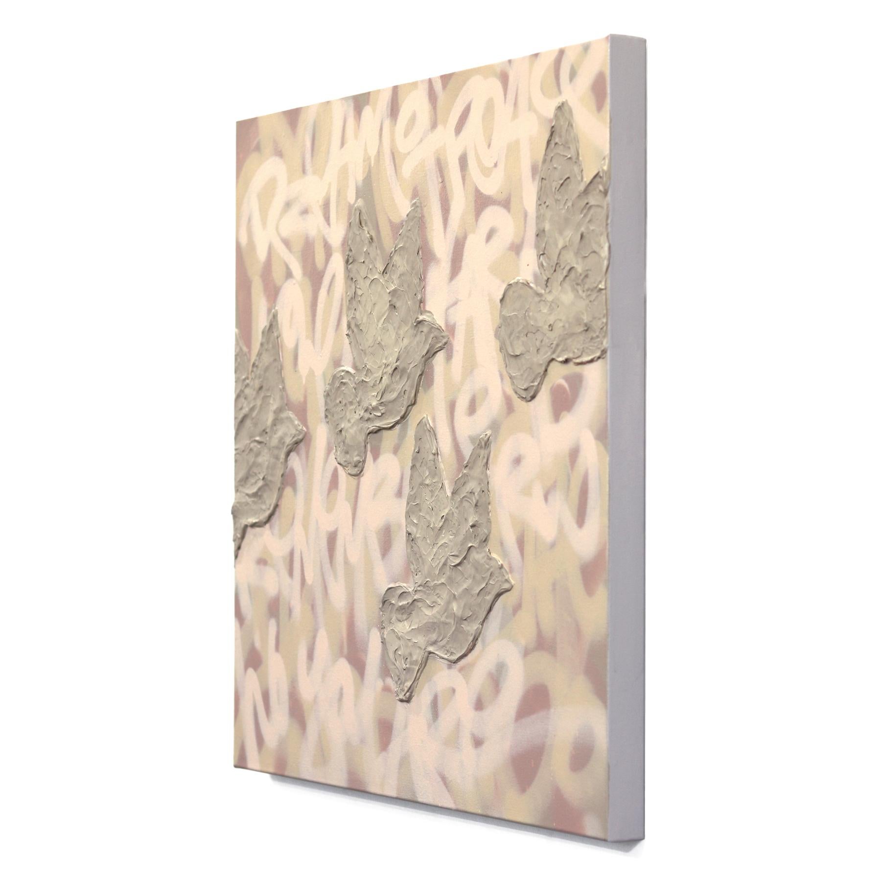 Colombes en vol - peinture abstraite pastel texturée colombes Graffiti Mixed Media Painting en vente 1