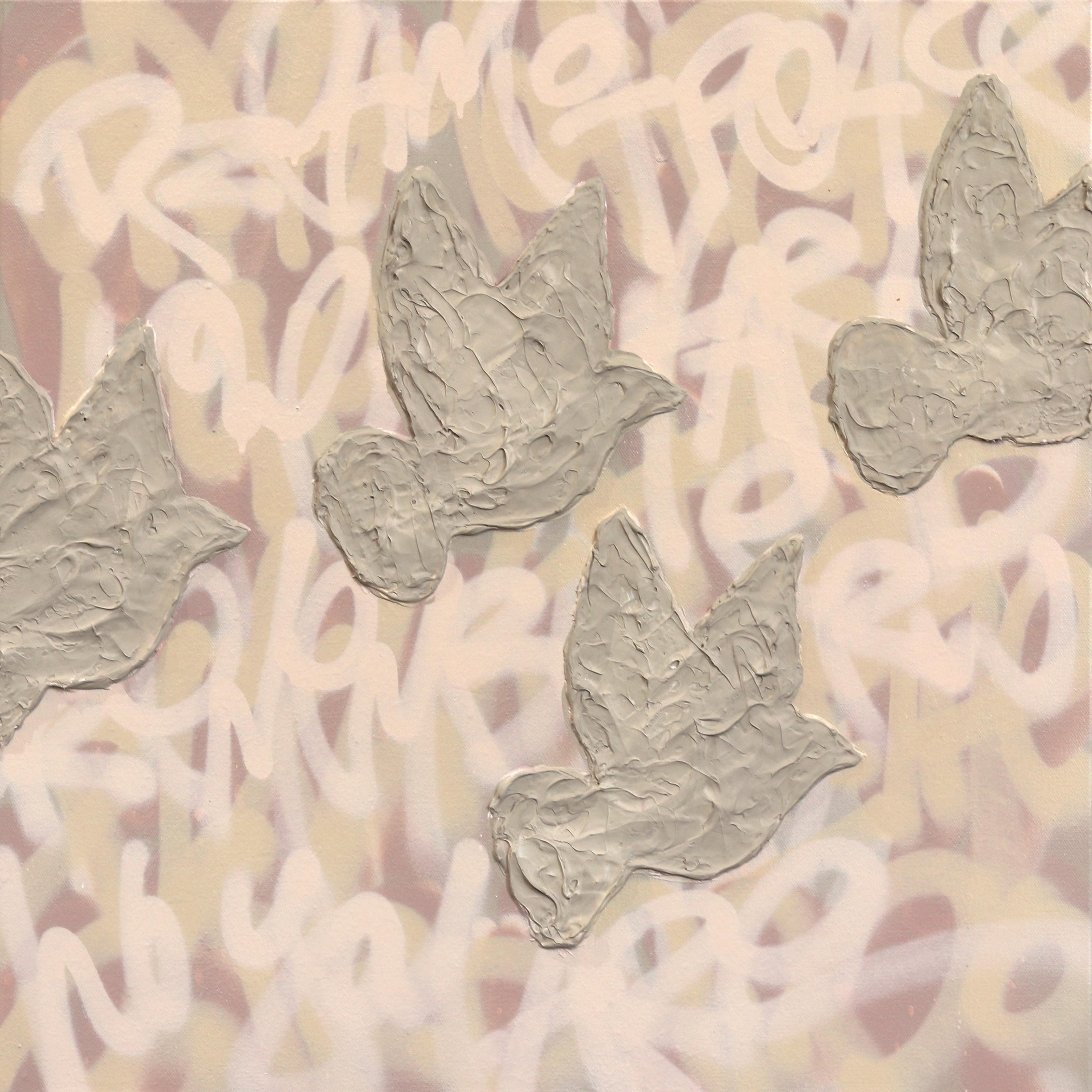 Colombes en vol - peinture abstraite pastel texturée colombes Graffiti Mixed Media Painting - Mixed Media Art de Amber Goldhammer