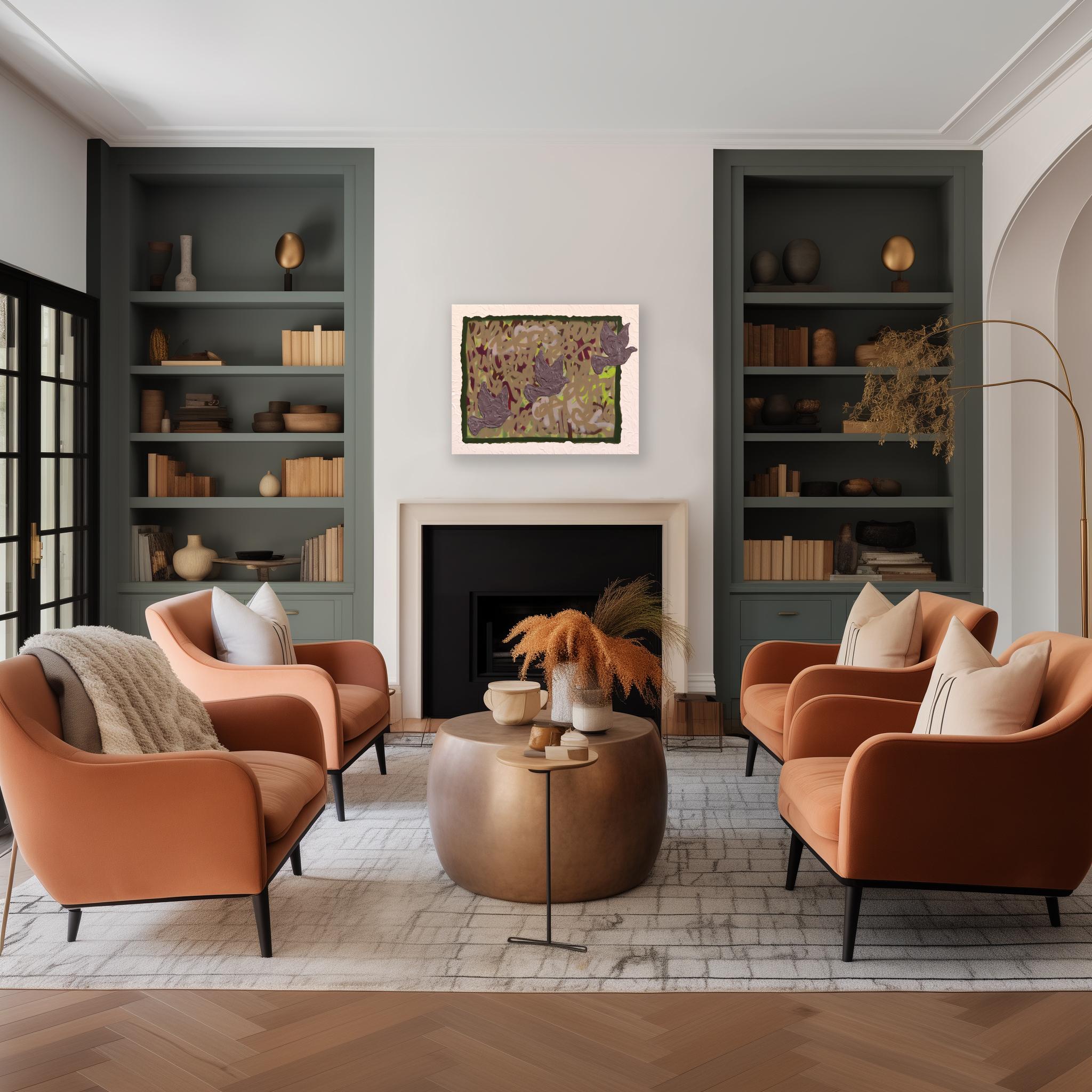 Tauben fliegen für den Frieden - Abstrakte Textur geschichteten Graffiti Mixed Media Malerei – Painting von Amber Goldhammer