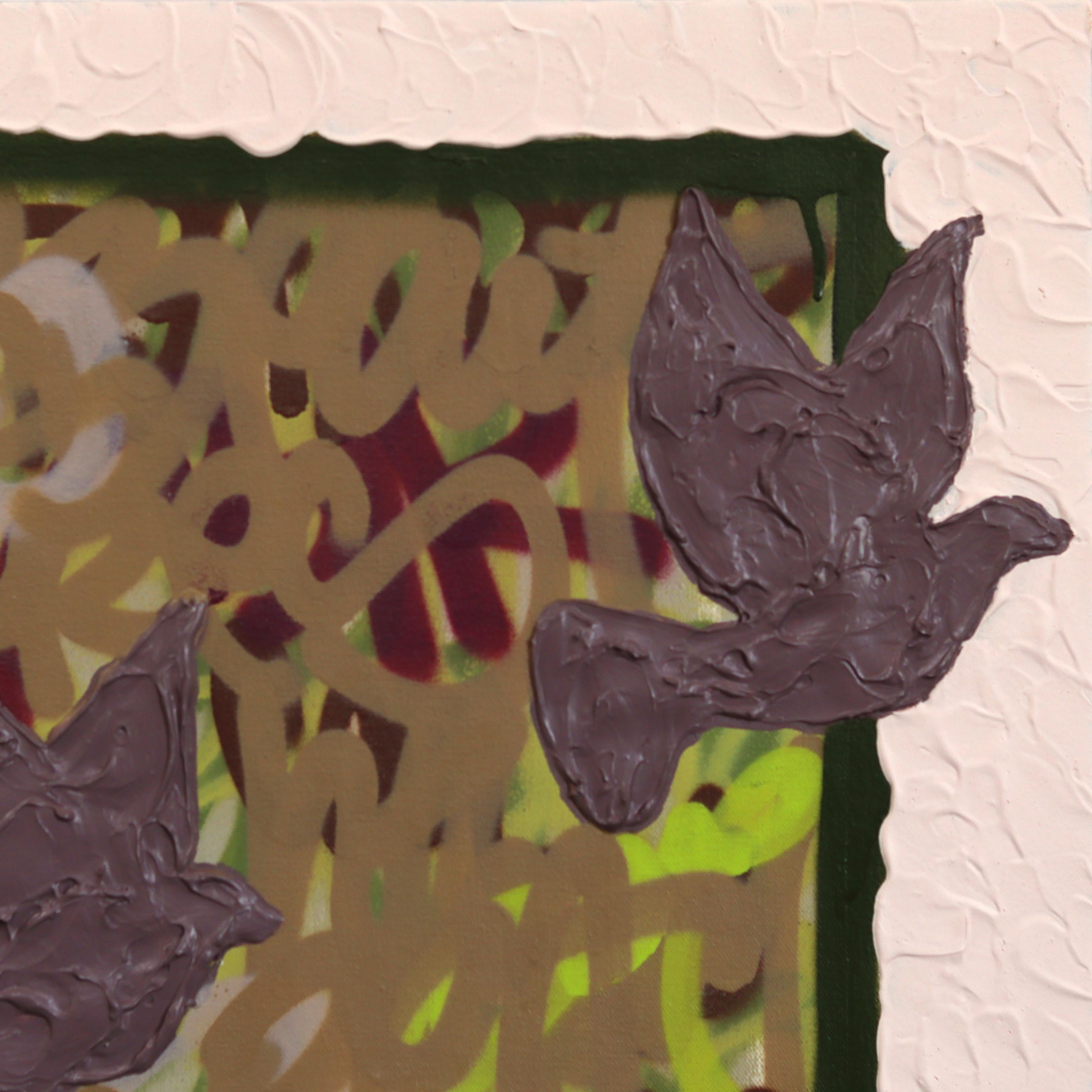 Tauben fliegen für den Frieden - Abstrakte Textur geschichteten Graffiti Mixed Media Malerei im Angebot 3