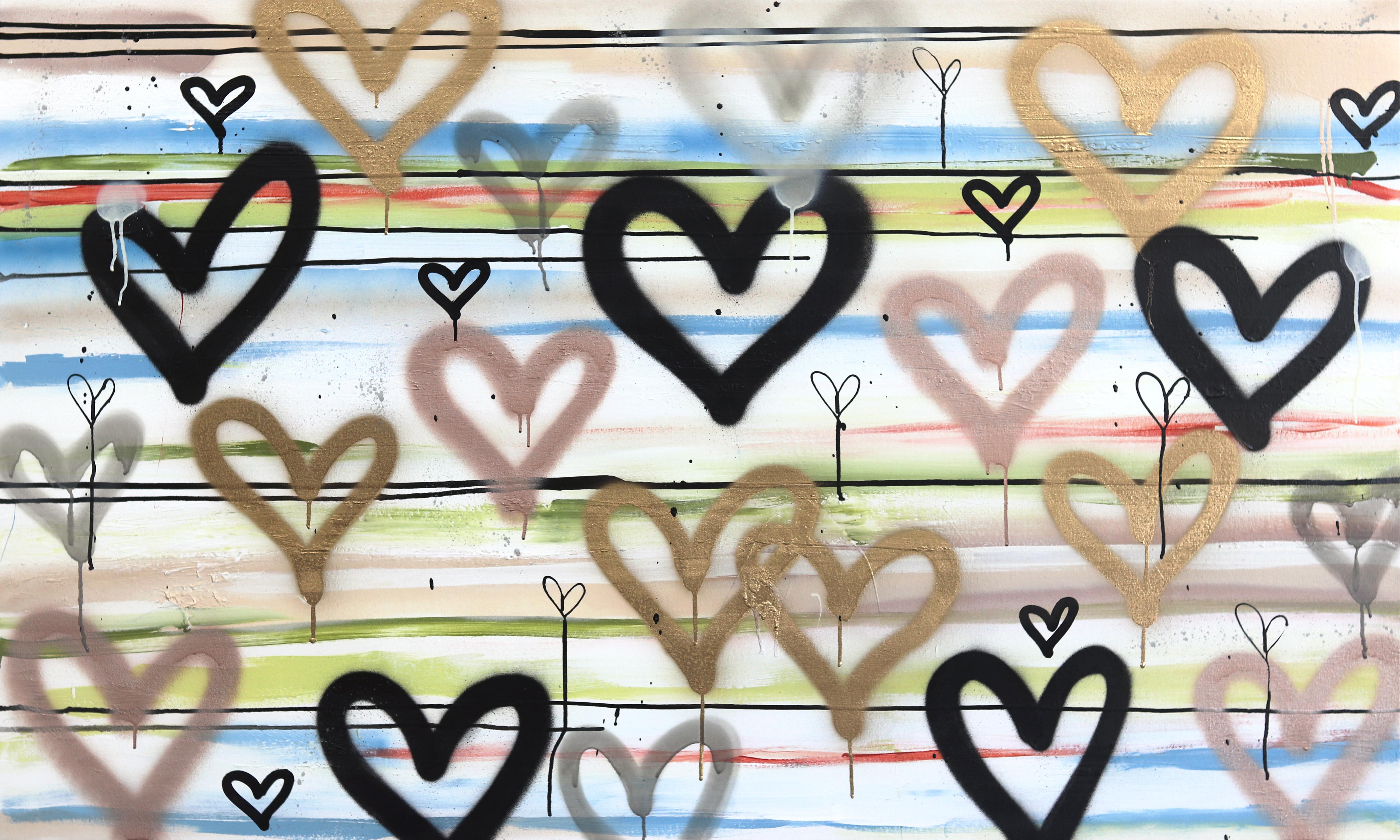 Floating By - Opera d'arte originale ispirata ai graffiti con strisce astratte di cuori beige