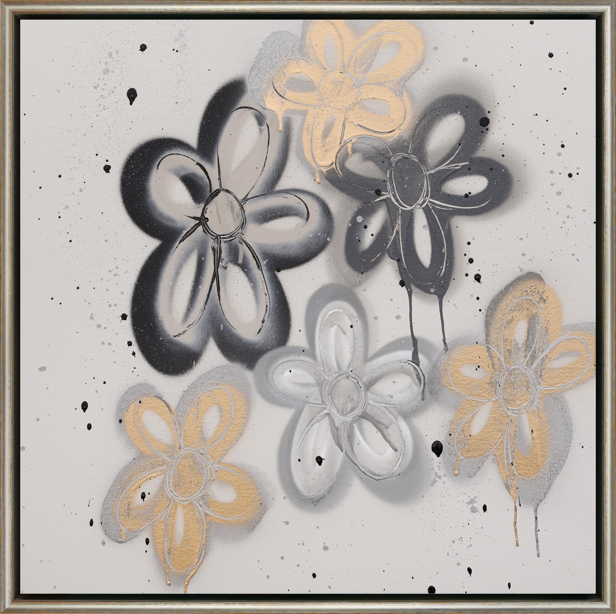 "Flower Nova" Zeitgenössische florale abstrakte gemischte Medien auf Leinwand gerahmte Malerei