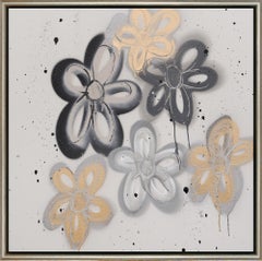 "Flower Nova" Quadro contemporaneo floreale astratto in tecnica mista su tela con cornice