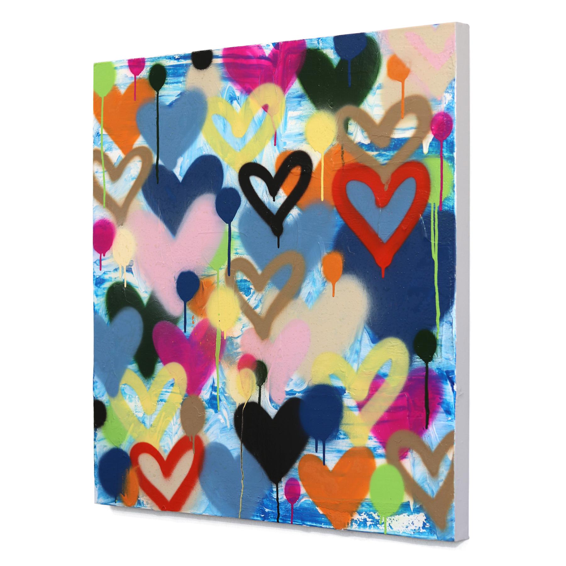 Flying To Infinity - Abstrakte bunte Herzen Graffiti Mixed Media Pop Kunstwerk im Angebot 1