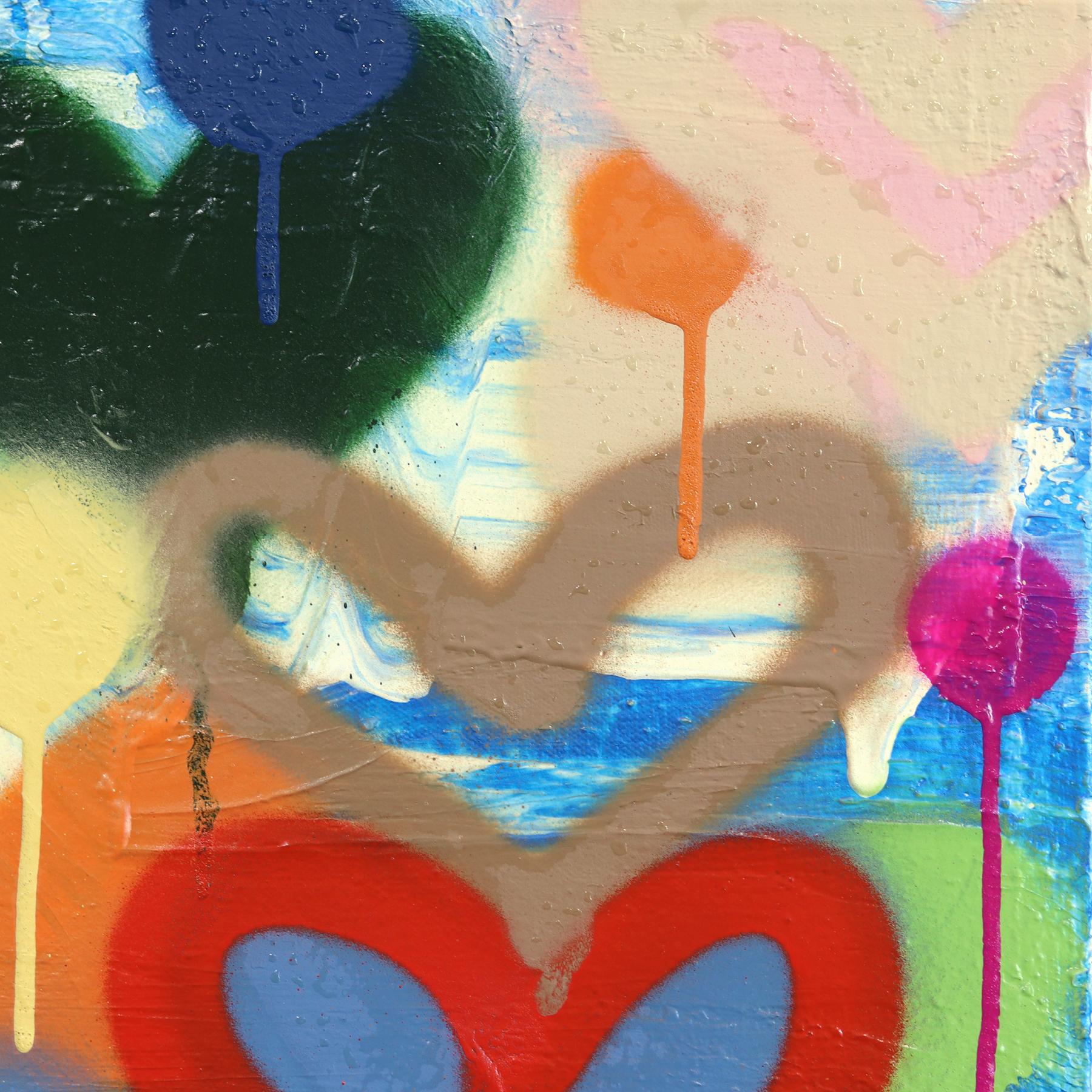 Flying To Infinity - Abstrakte bunte Herzen Graffiti Mixed Media Pop Kunstwerk im Angebot 2