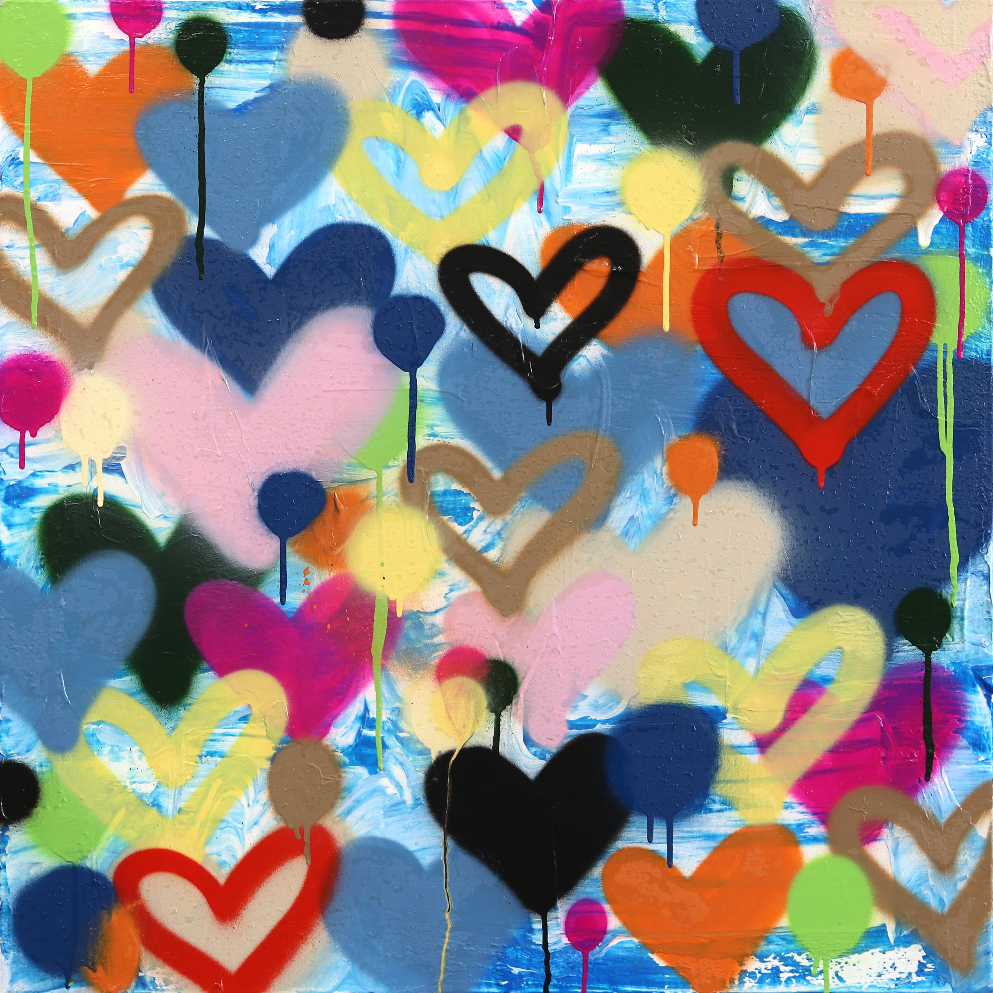 Flying To Infinity - Abstrakte bunte Herzen Graffiti Mixed Media Pop Kunstwerk – Mixed Media Art von Amber Goldhammer