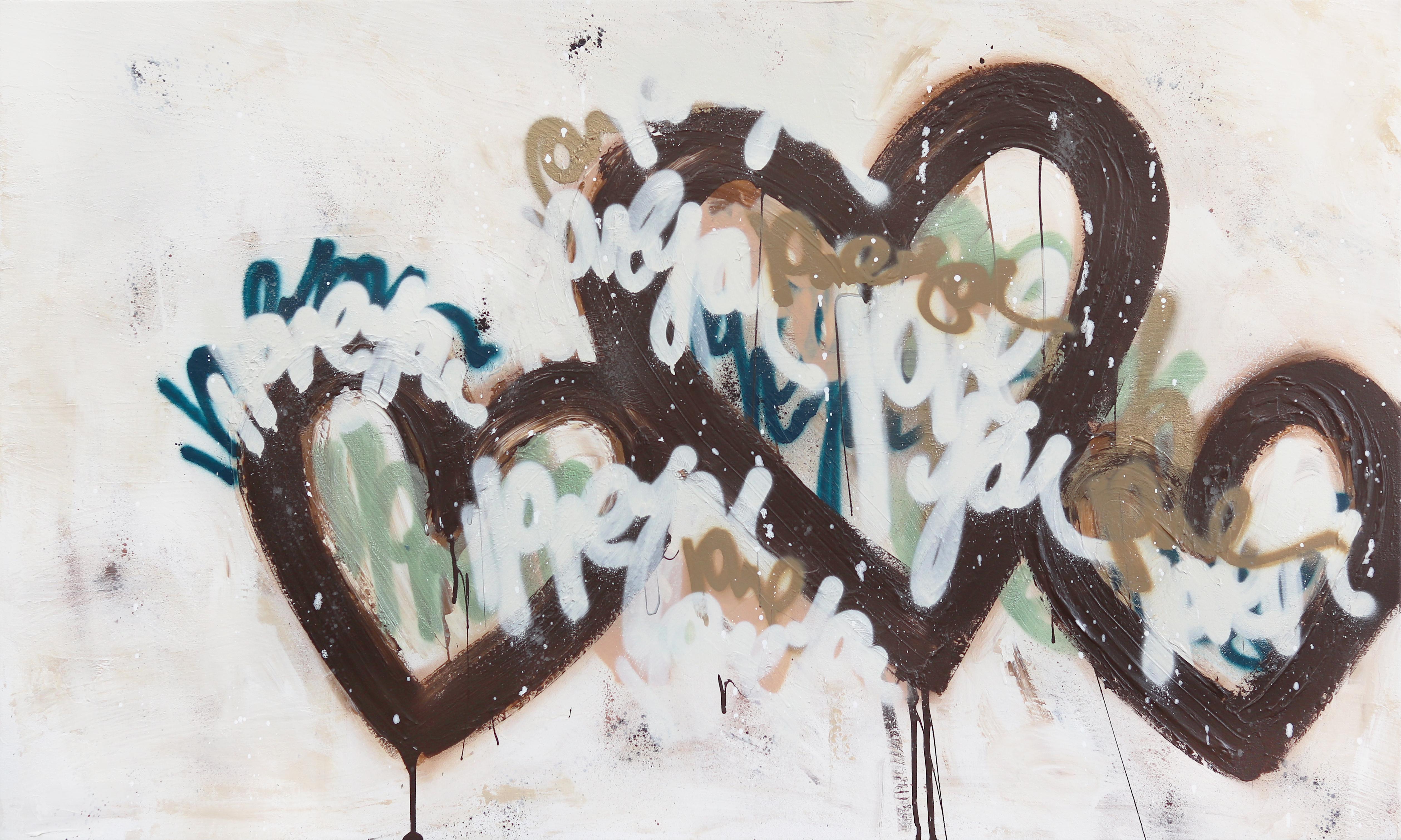 Forever Together - Opera d'arte astratta originale ispirata ai graffiti con cuori beige