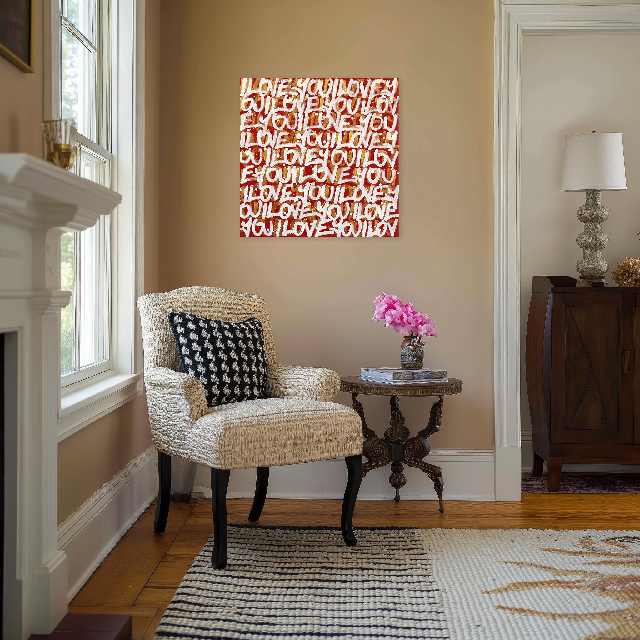 Goldie - Abstraktes feuriges 'I LOVE YOU' Graffiti Gemälde auf Leinwand (Zeitgenössisch), Mixed Media Art, von Amber Goldhammer