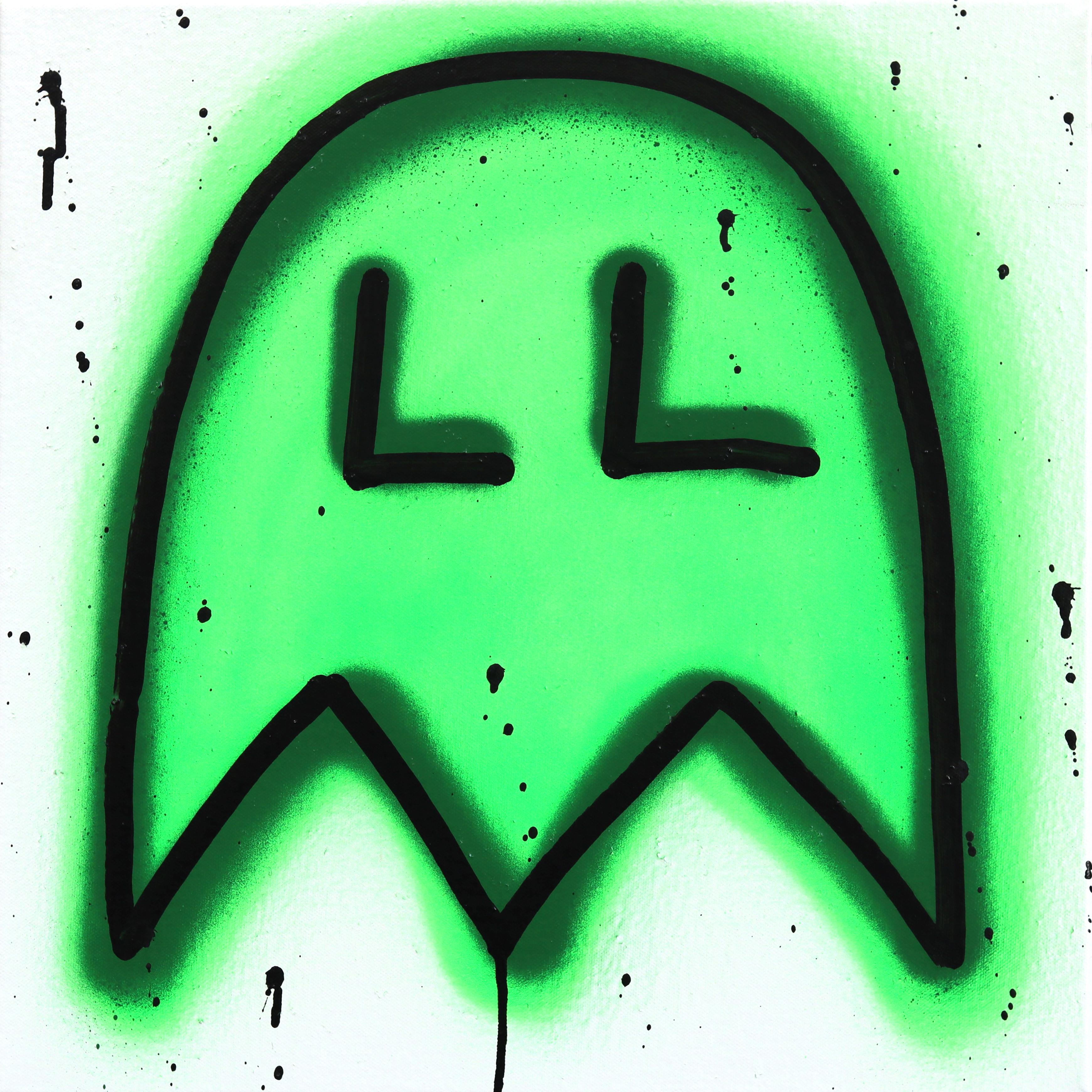 Amber Goldhammer Abstract Painting - Green Googles - Pacman Retro Inspired Green Mixed Media Graffiti Art on Canvas