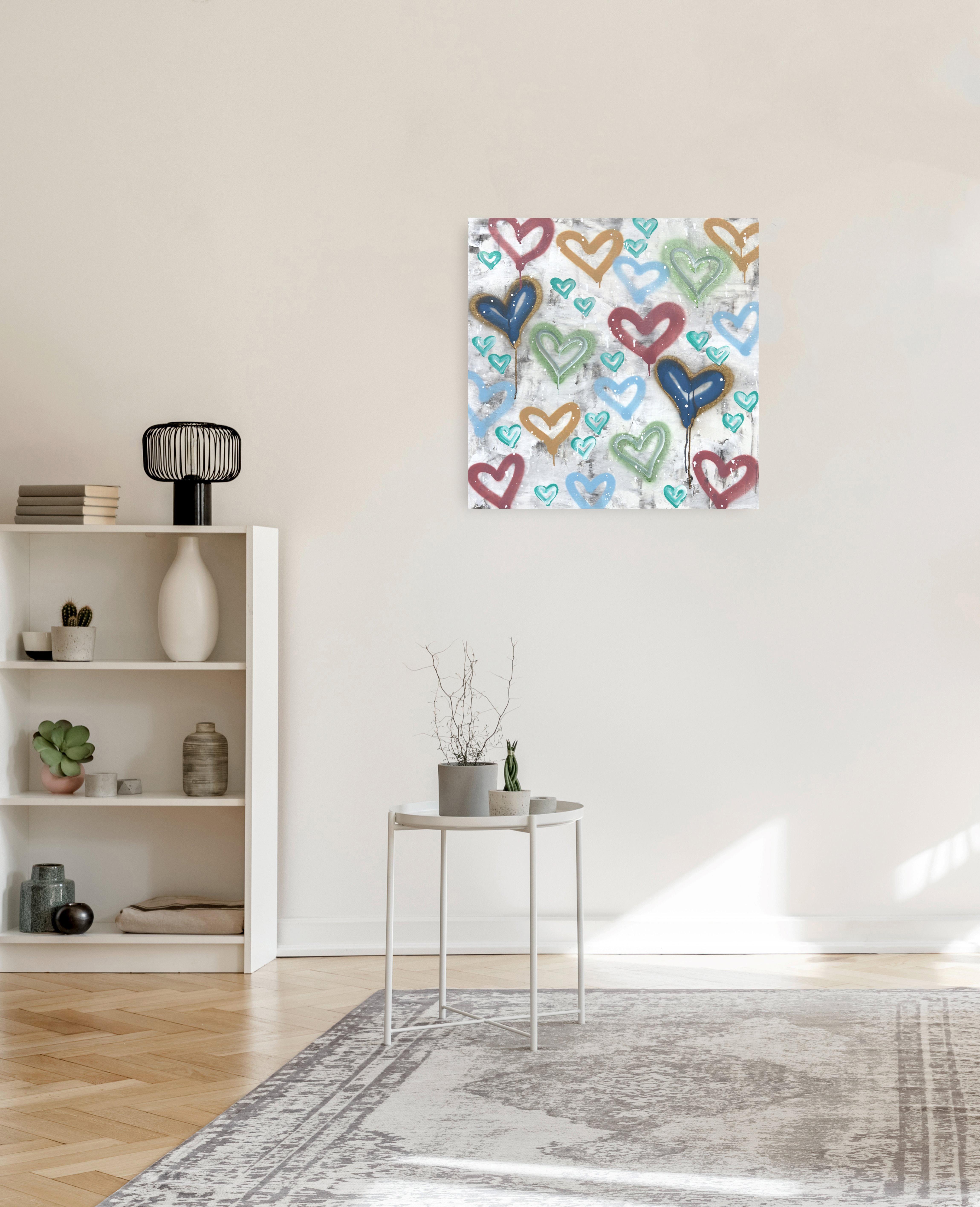 Happiness Arises - Original Soft Pastel Hearts on Canvas Painting For Sale 3