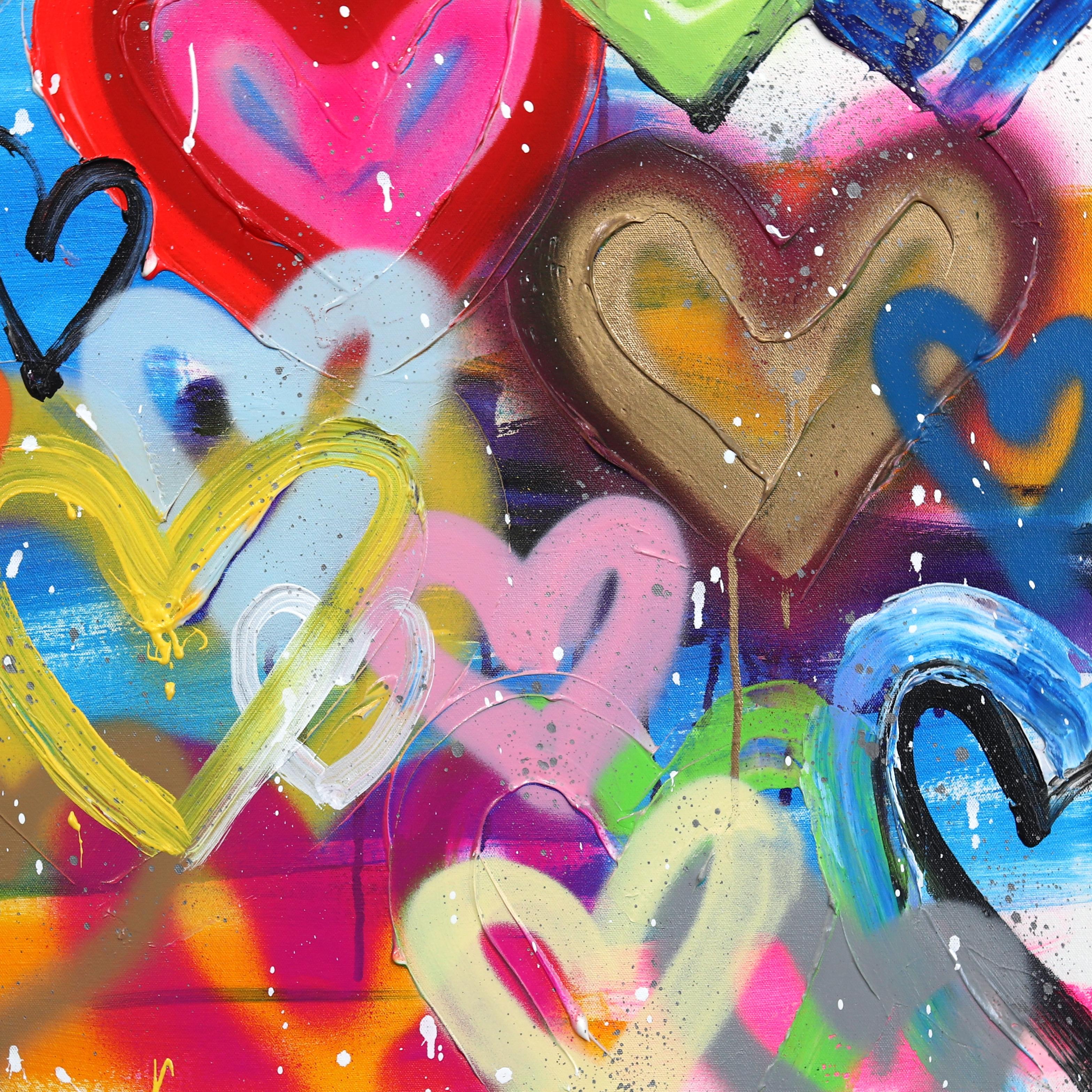Happy Hearts Full of Love - Hearts Colorful Hearts Bold Original Pop Artwork - Art urbain Painting par Amber Goldhammer