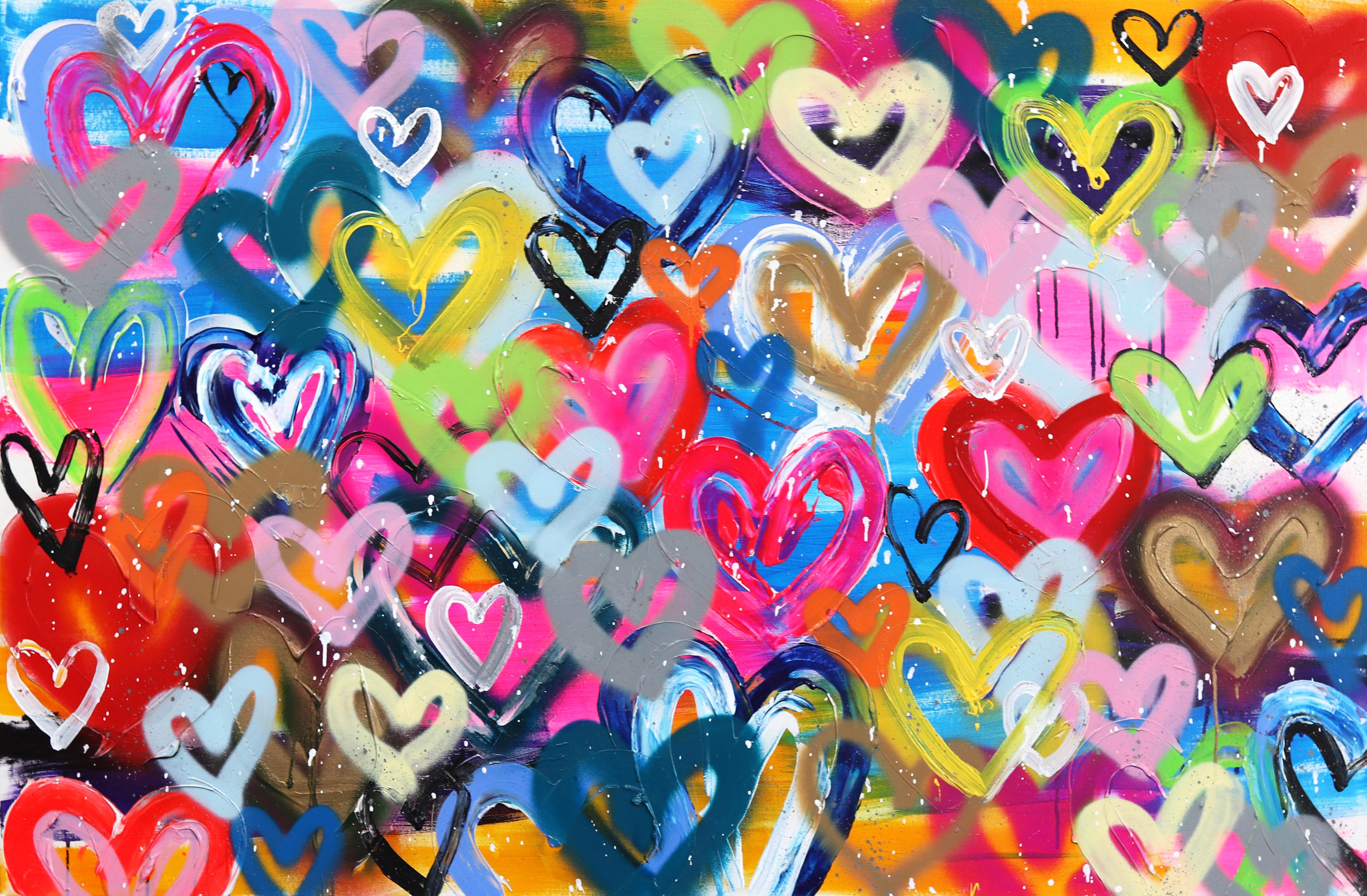 Amber Goldhammer Abstract Painting - Happy Hearts Full of Love - Colorful Hearts Bold Original Pop Artwork