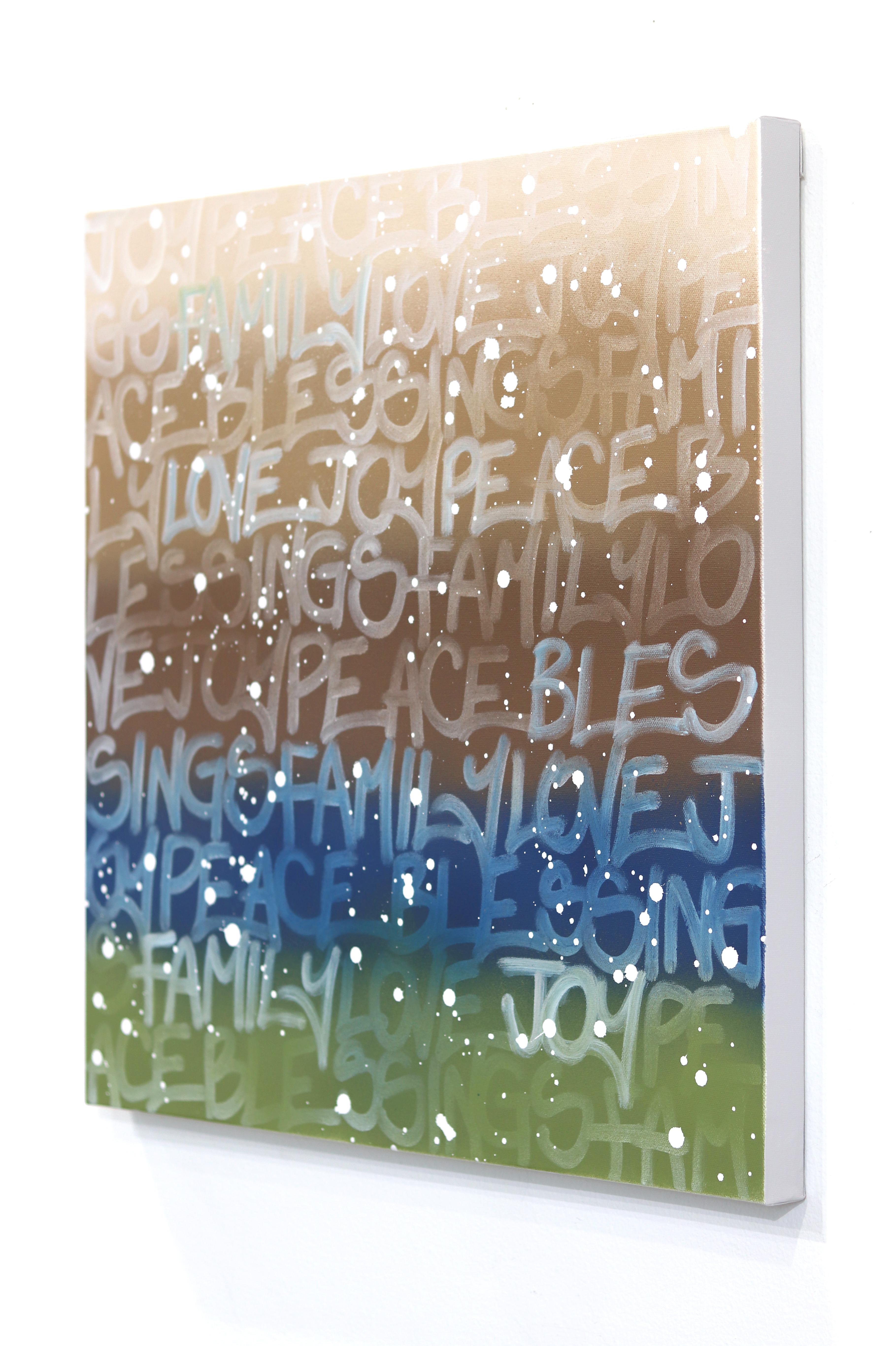 I Am A Peace Maker - opera d'arte tipografica astratta originale in tonalità terra, blu e verde - Abstract Painting Marrone di Amber Goldhammer