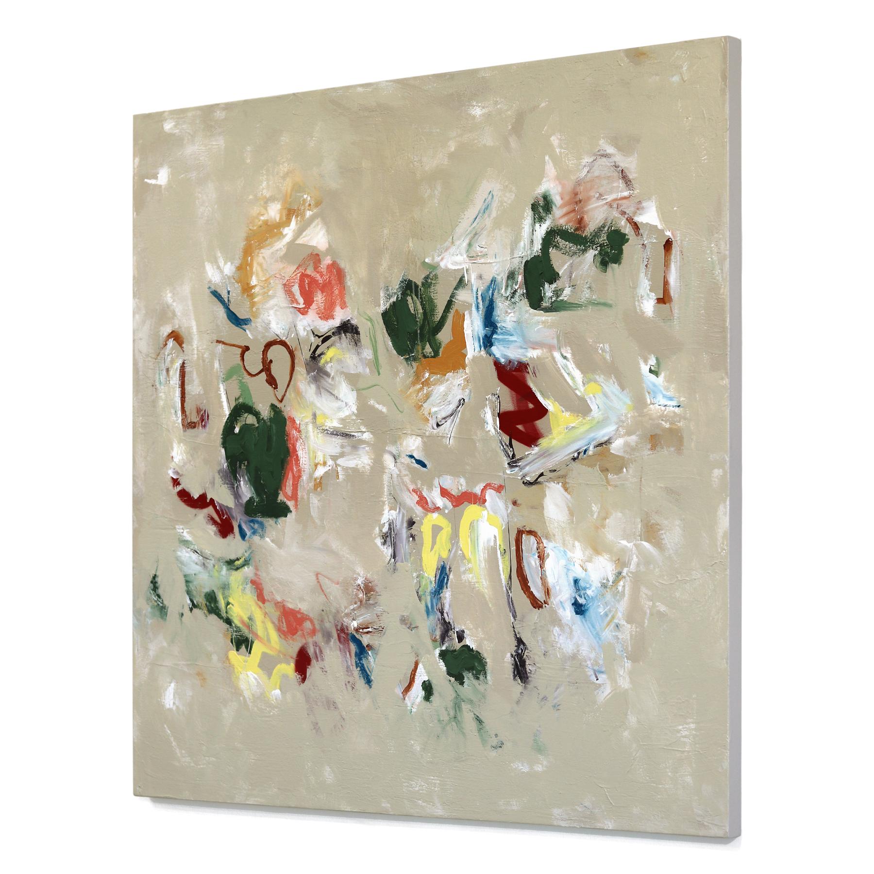 Jax - Abstrakte zeitgenössische bunte ausdrucksstarke gemischte Medien Pop Art auf Leinwand (Beige), Abstract Painting, von Amber Goldhammer