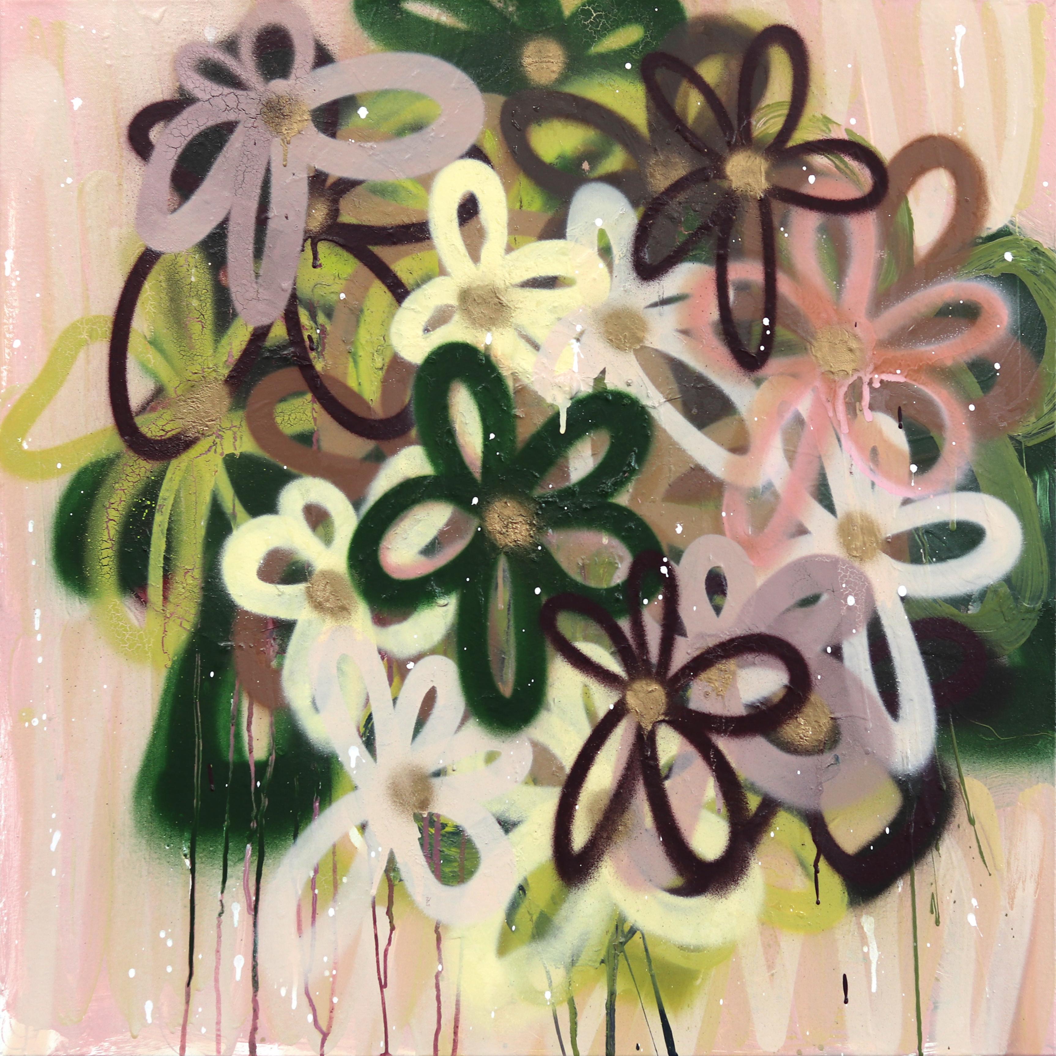 Mirando por la ventana de la abuela - Pintura floral abstracta original sobre lienzo