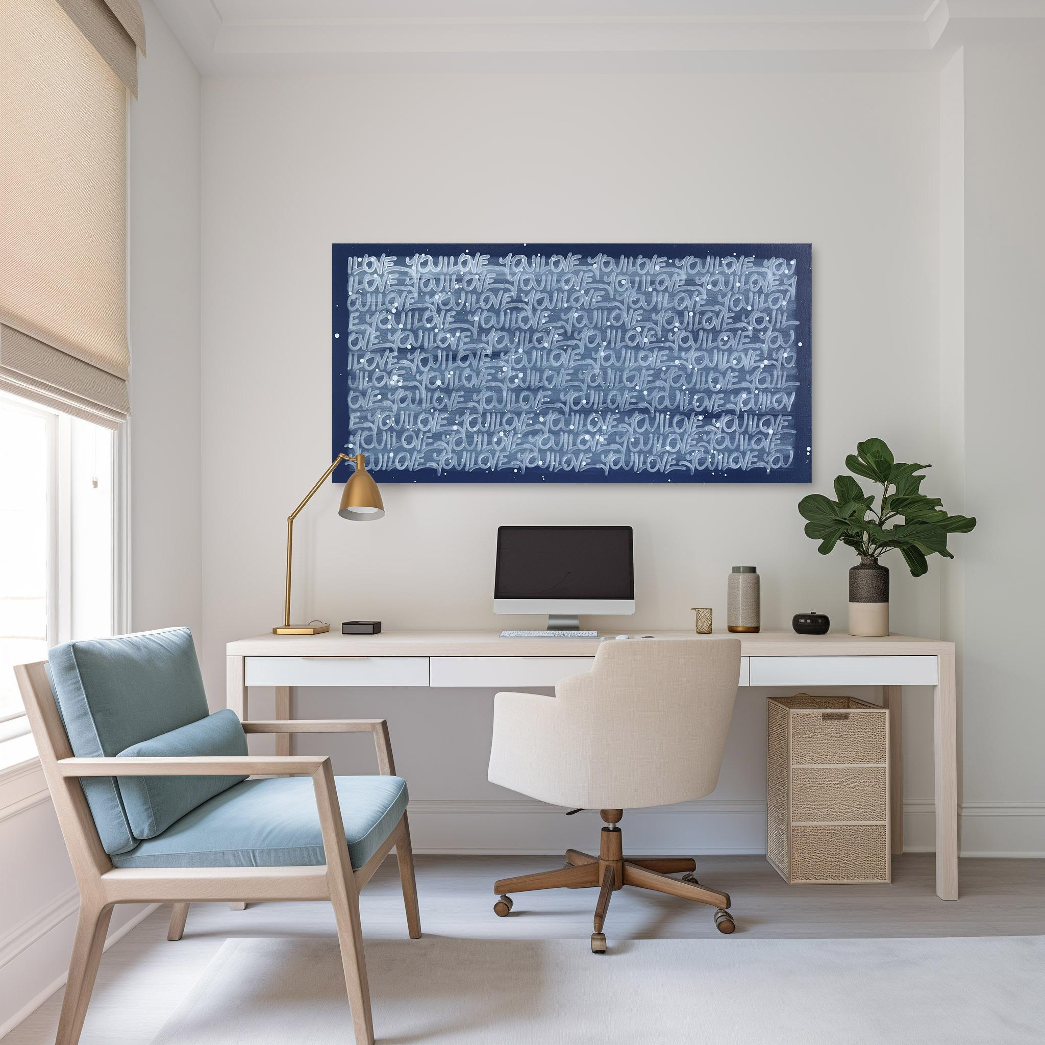 El amor nos hace avanzar - Obra de arte callejera contemporánea con texto abstracto en negrita azul marino - Painting de Amber Goldhammer