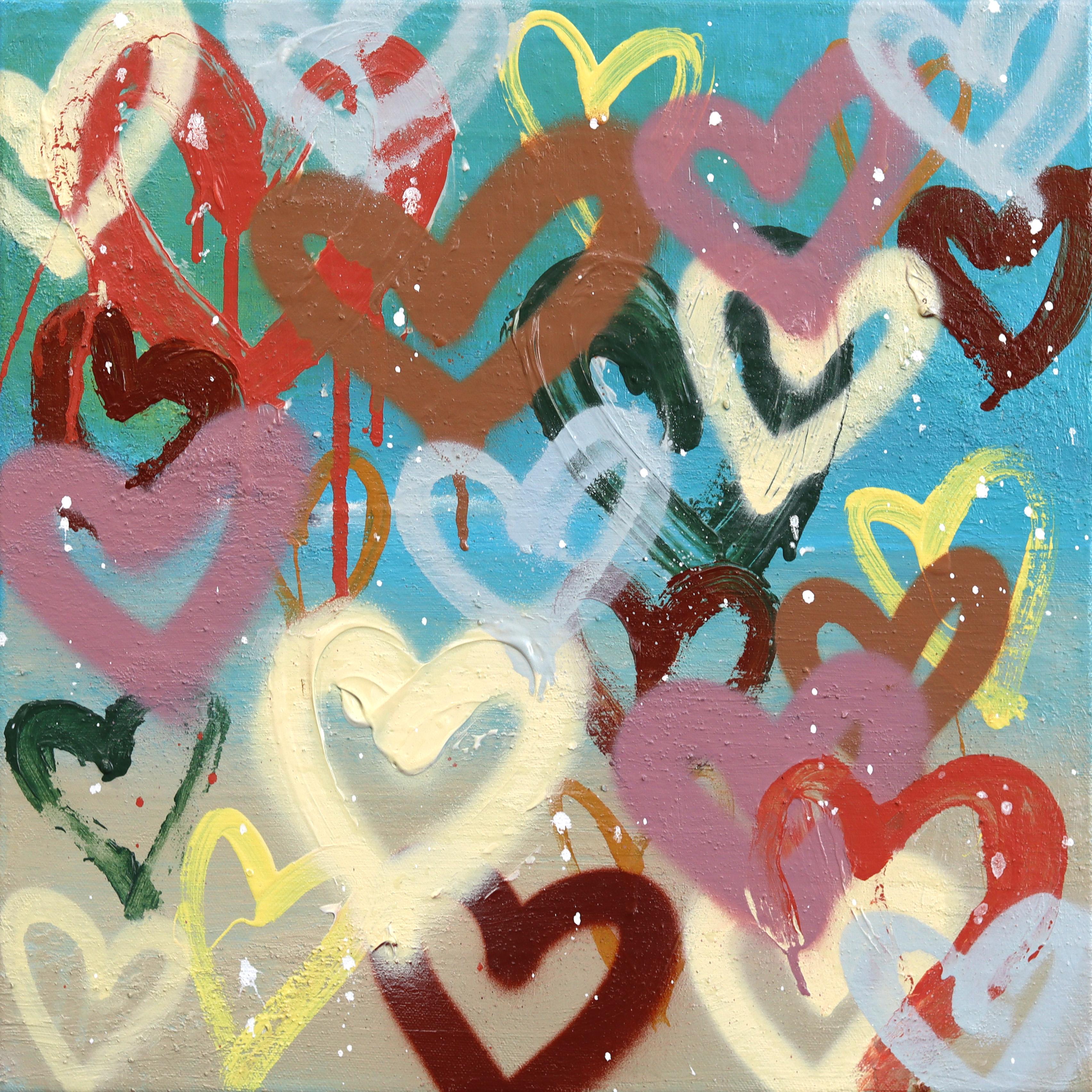 Les amoureux s'unissent - Peinture originale de cœurs graffiti en couleurs sur support mixte