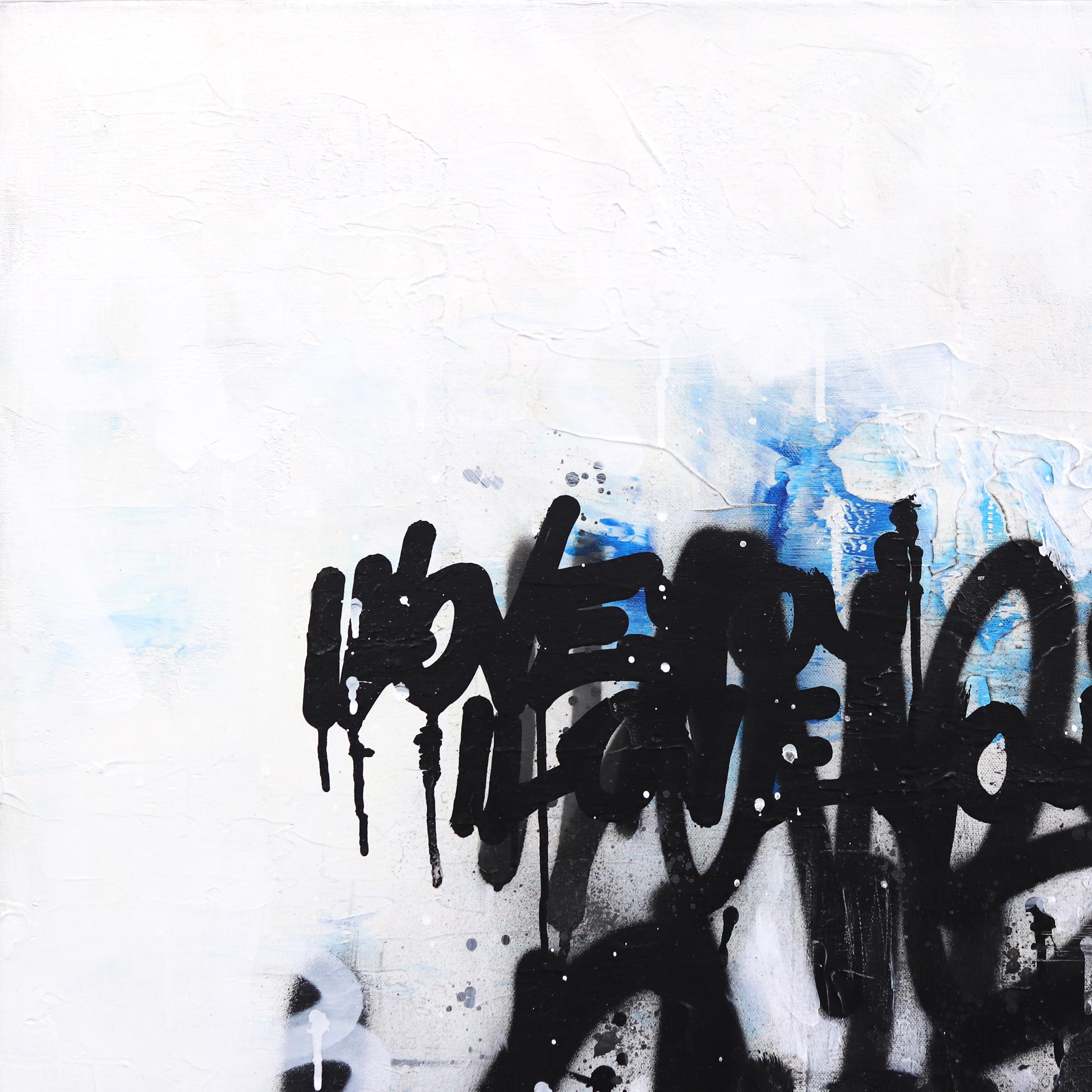 Sincronia mista - Opera d'arte pop astratta a trama blu e bianca con graffiti - Painting Contemporaneo di Amber Goldhammer