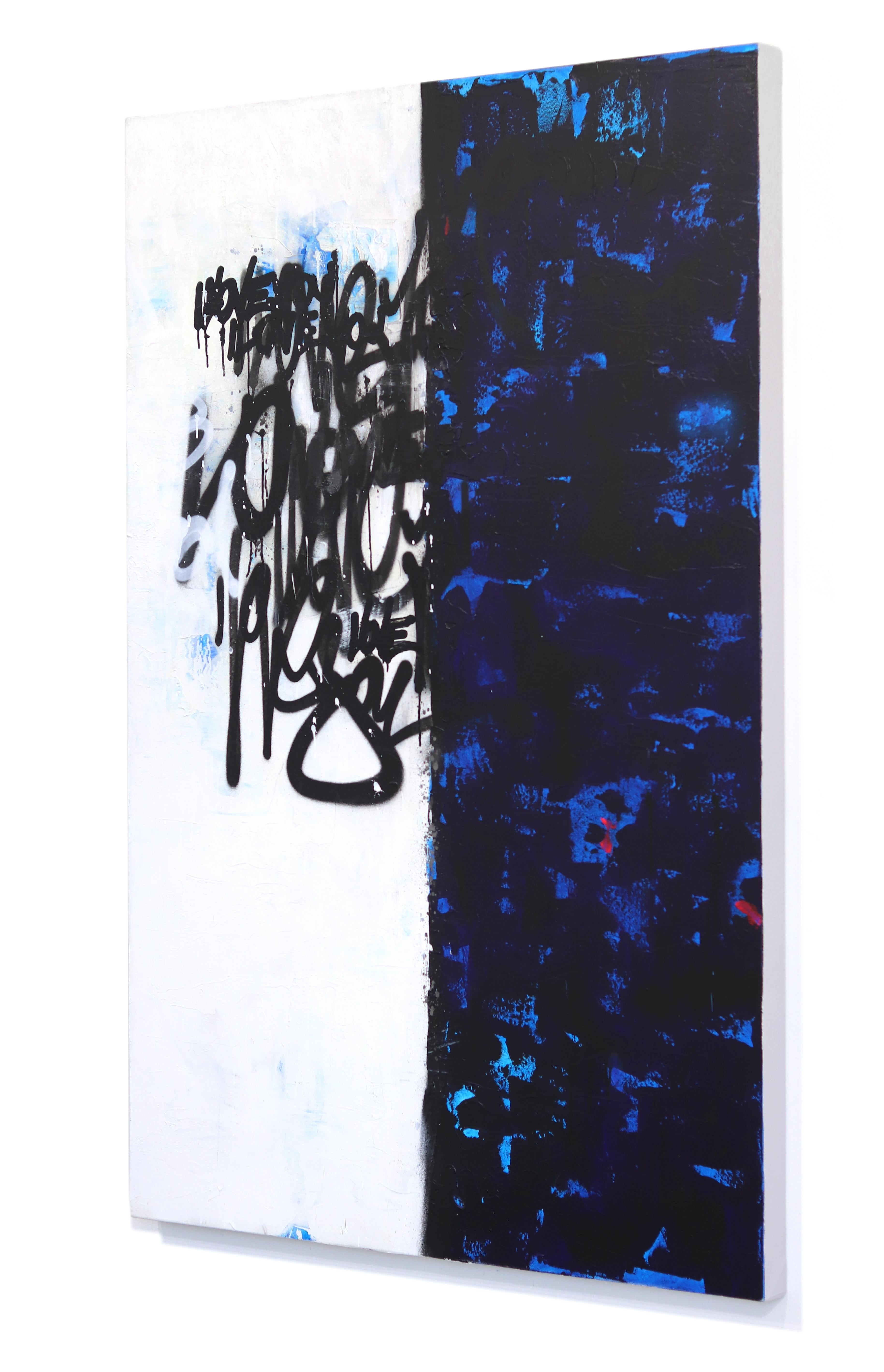 Sincronia mista - Opera d'arte pop astratta a trama blu e bianca con graffiti - Abstract Painting Nero di Amber Goldhammer