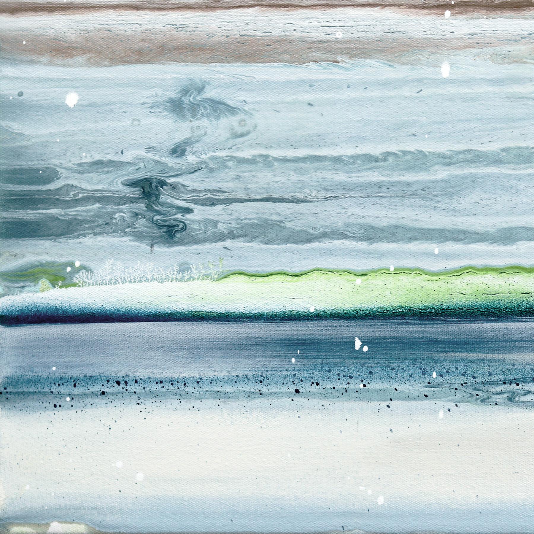 Rocío matinal - Pintura original sobre lienzo Paisaje abstracto azul de tonos suaves y tranquilos en venta 2