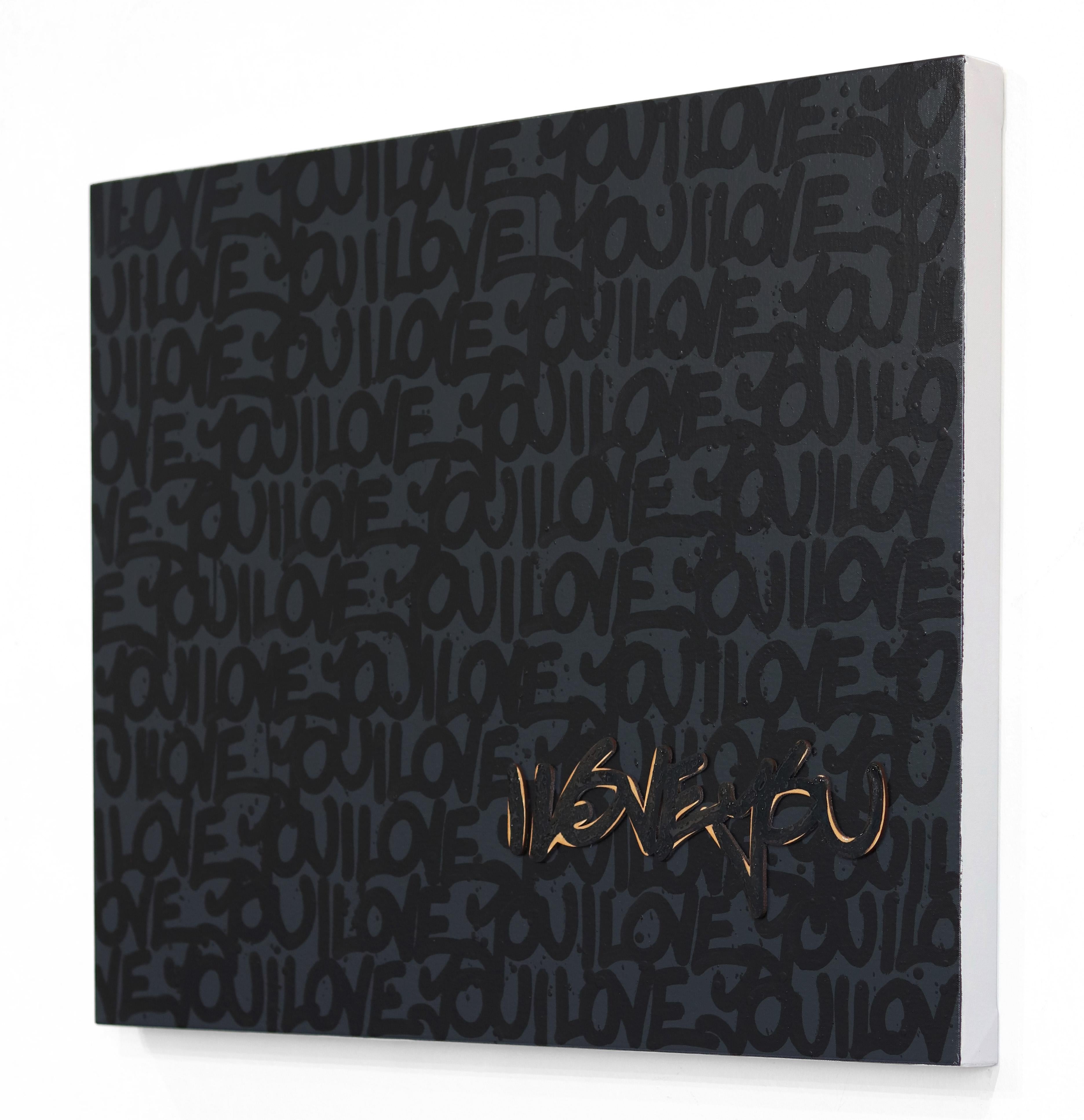 Nachttische Gespräche – Schwarzes Harzholz auf schwarzer Acrylfarbe, Leinwand, Kunstwerk in Acrylfarbe im Angebot 1