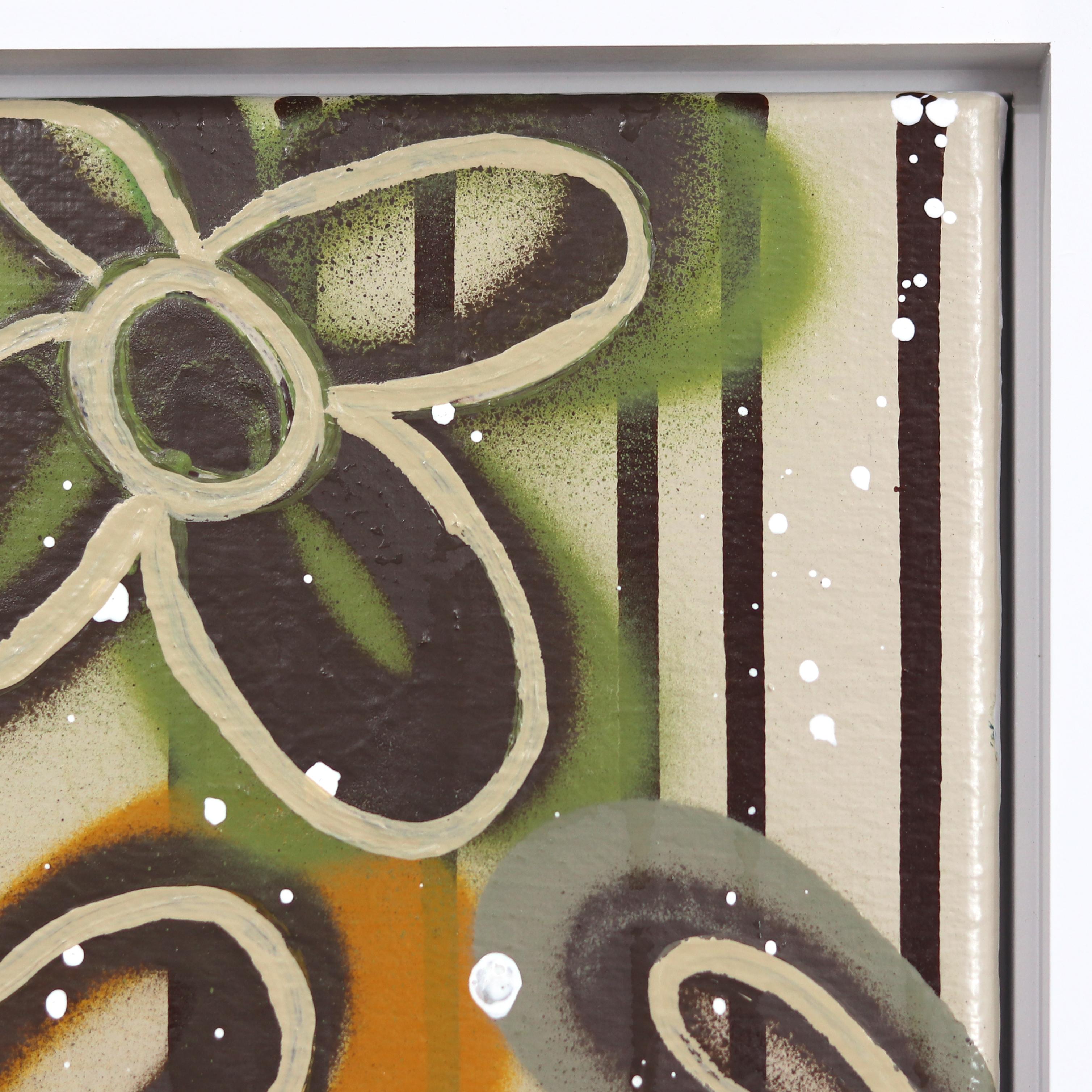 Temporada del Noroeste de Amber Goldhammer es una llamativa pintura cuadrada de 13 pulgadas inspirada en el graffiti que combina la atrevida energía del arte callejero con la abstracción contemporánea. Enmarcada en un elegante marco de madera