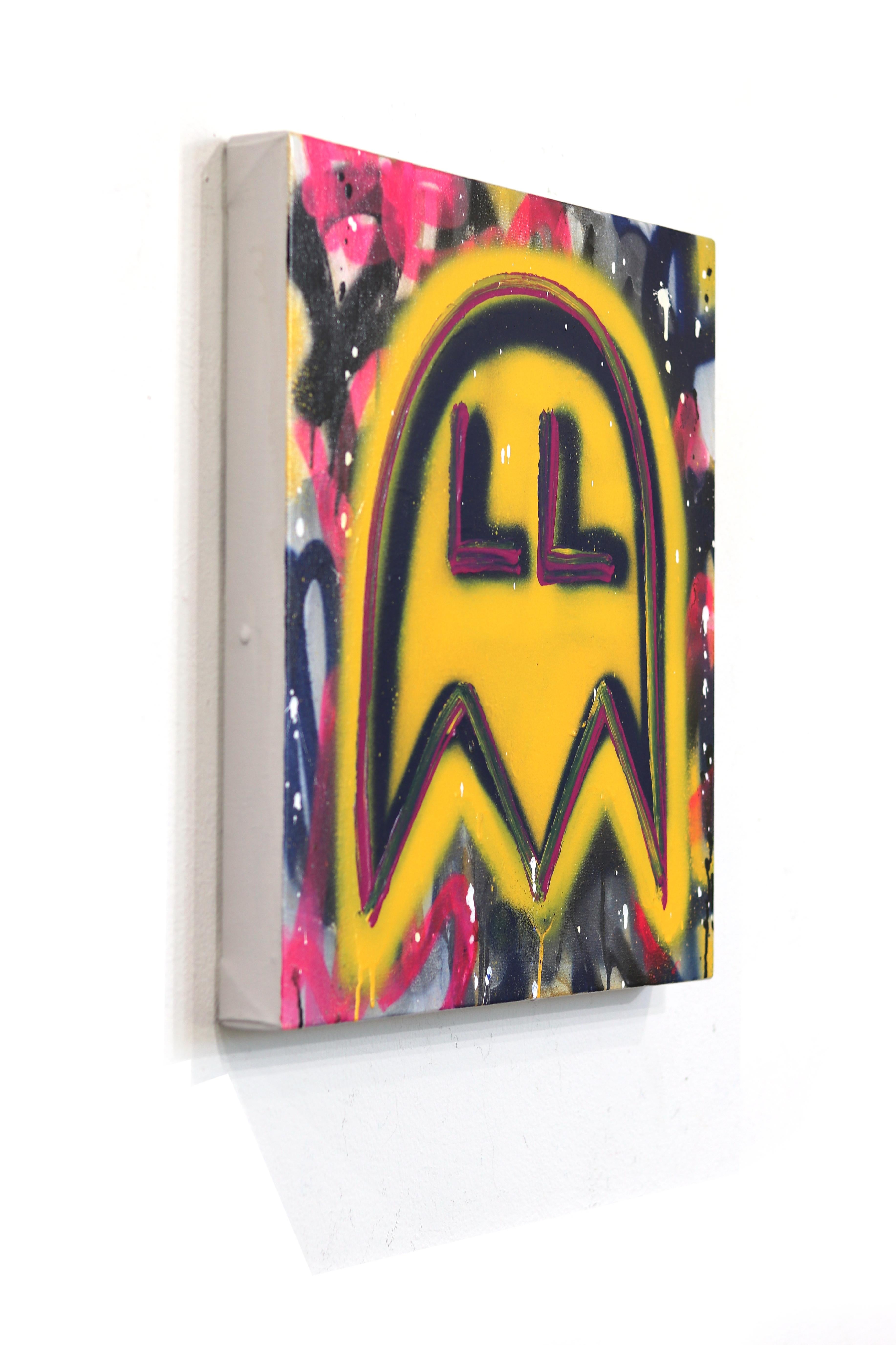 Pac World - Abstract Colorful Retro Inspired Graffiti Mixed Media Painting For Sale 1