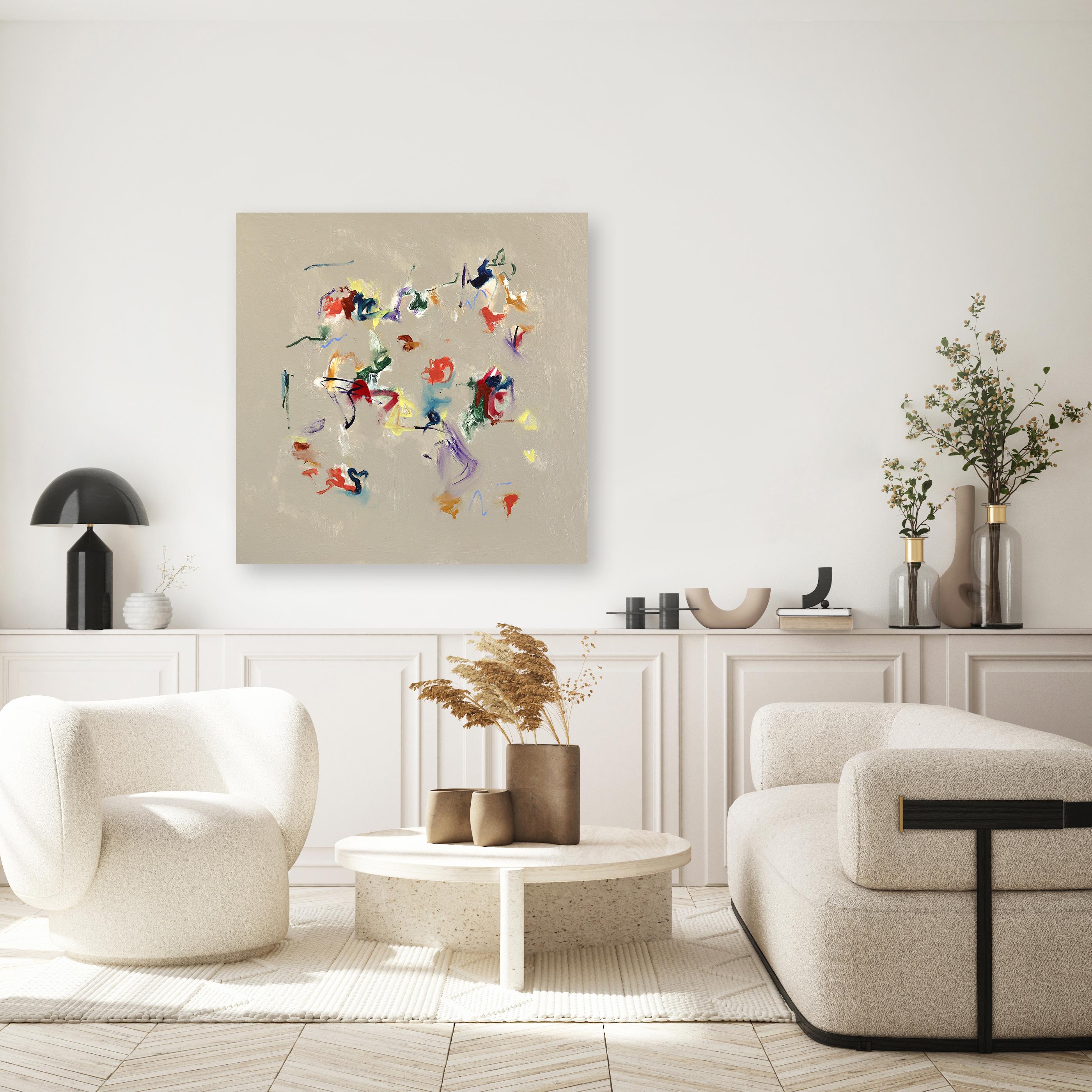 Pick Up Stix - Original Minimalist Color Drenched Mixed Media Painting on Canvas - Beige Abstract Painting by Amber Goldhammer