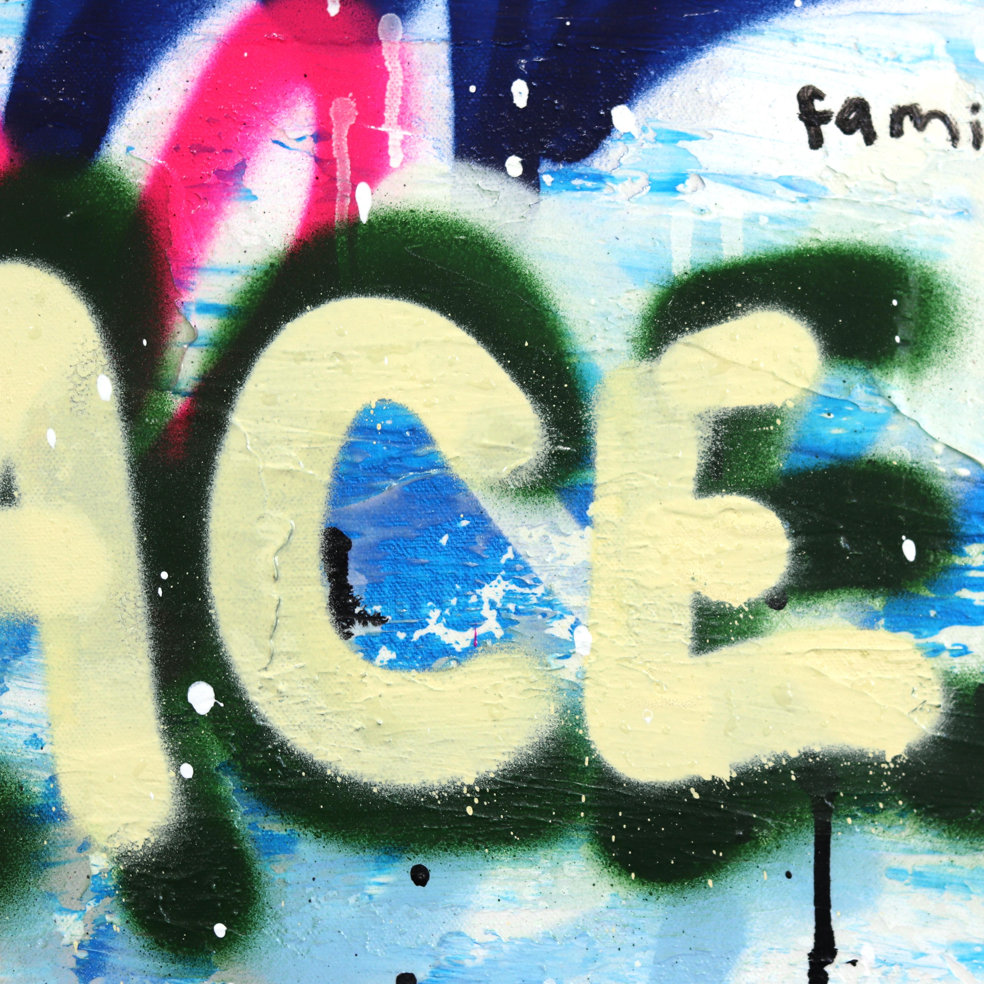 Pop Culture Love Affair - Large Original Colorful Blue Family Peace Word Art  For Sale 6