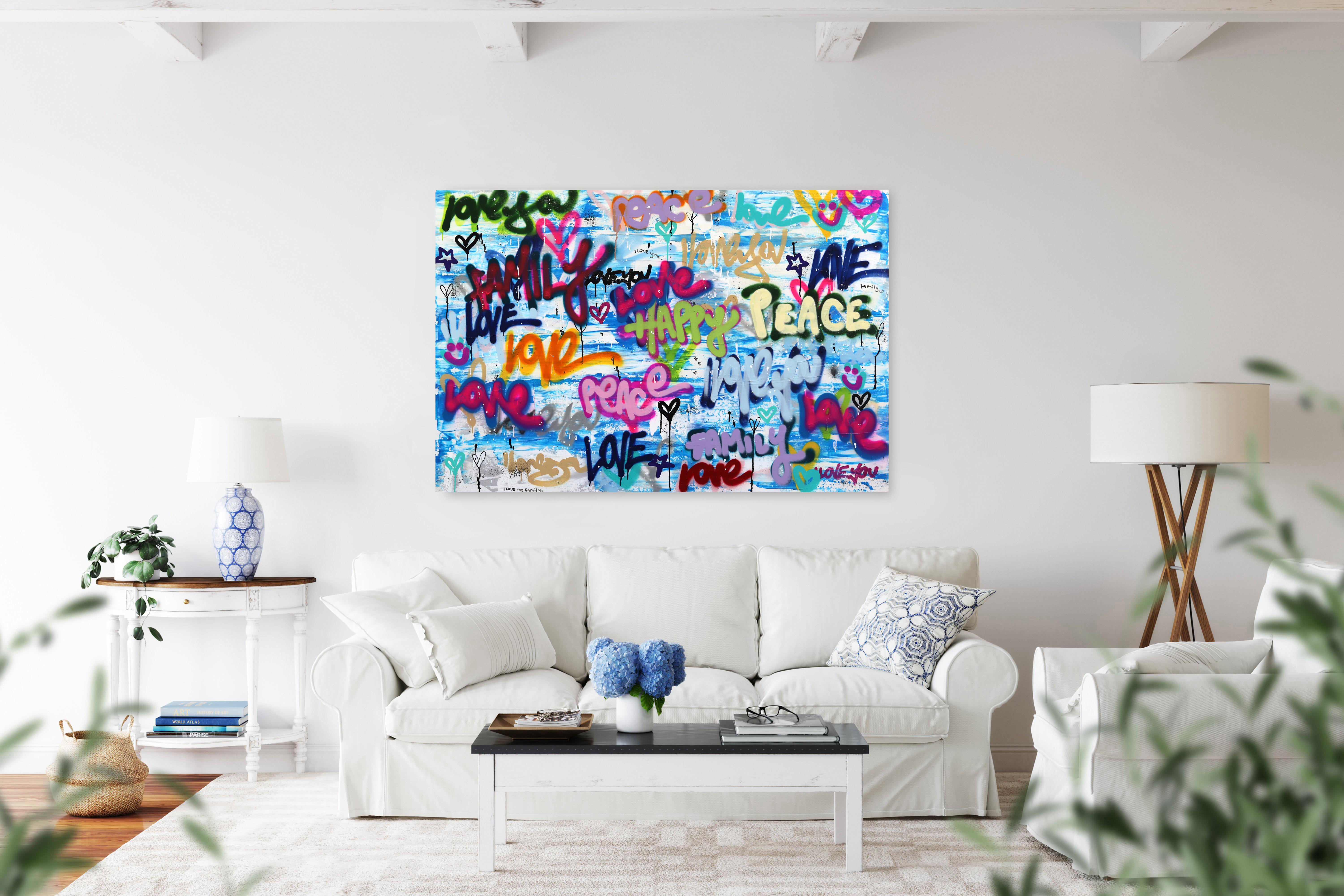 Pop Culture Love Affair - Large Original Colorful Blue Family Peace Word Art  - Painting by Amber Goldhammer